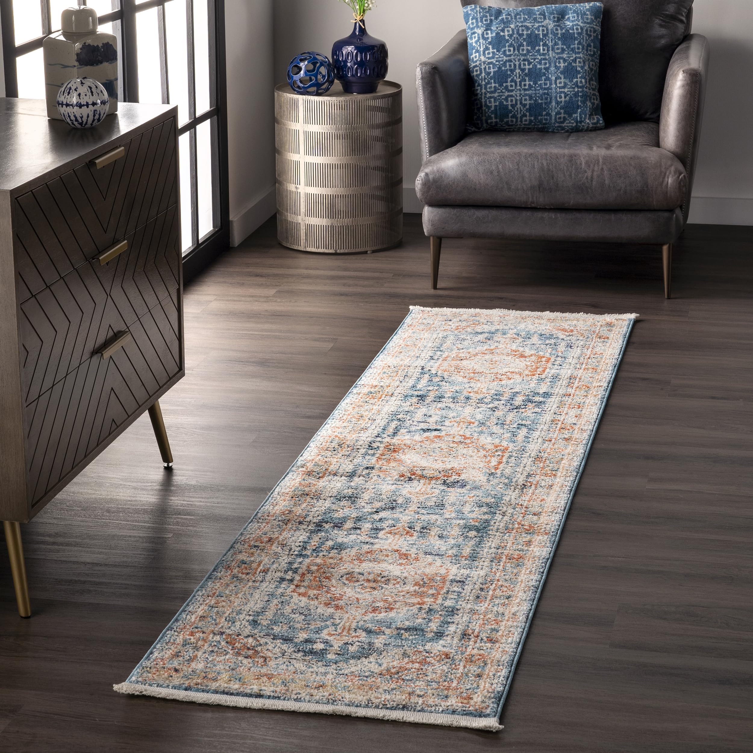 Derya Oriental Style Vintage Runner Rug , 2' x 8', Blue, Rectangular, 0.3" Thick