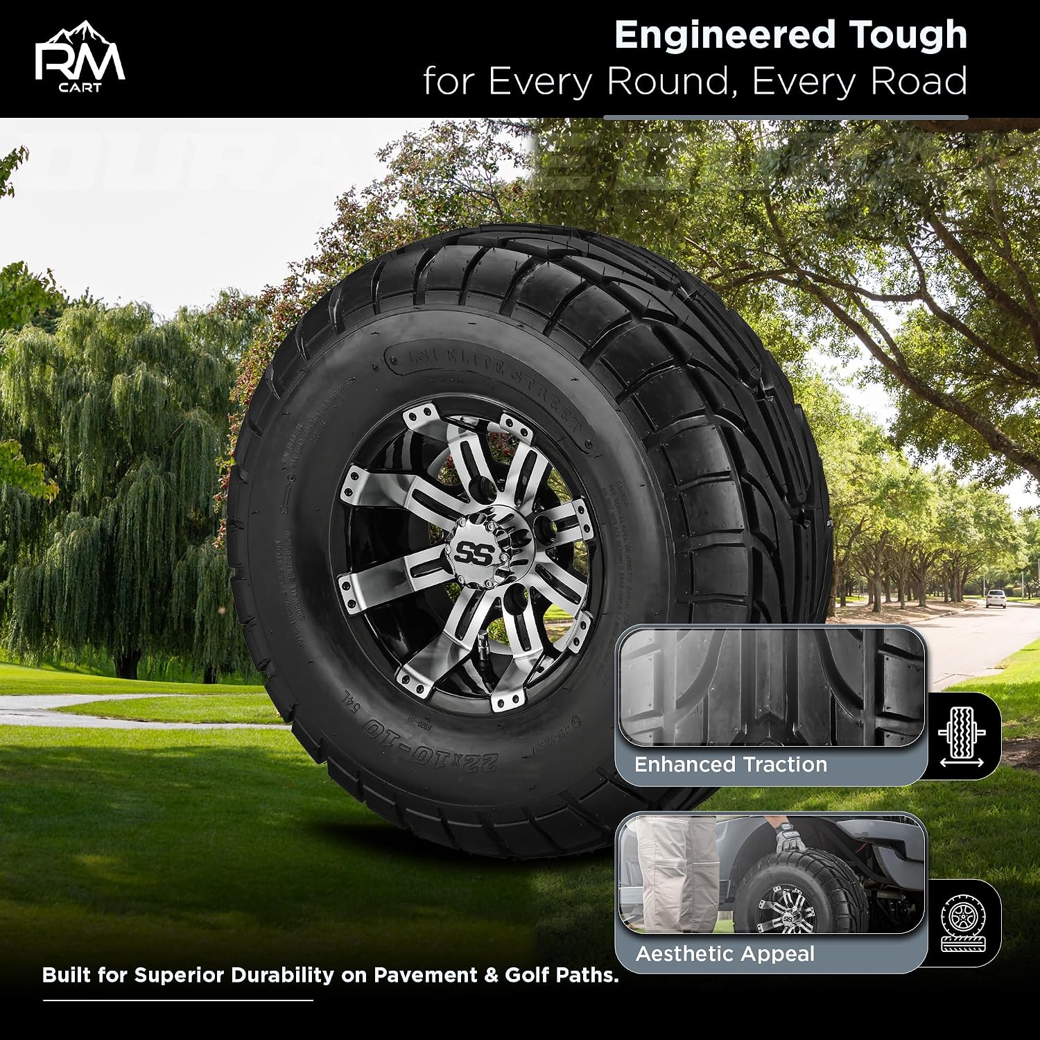 RM Cart 10" Casino Black/Machined on a 22x10-10 LSI Elite Street Tire (Set of 4) | Golf Cart Tires and Wheels Combo with Standard Lug Nuts