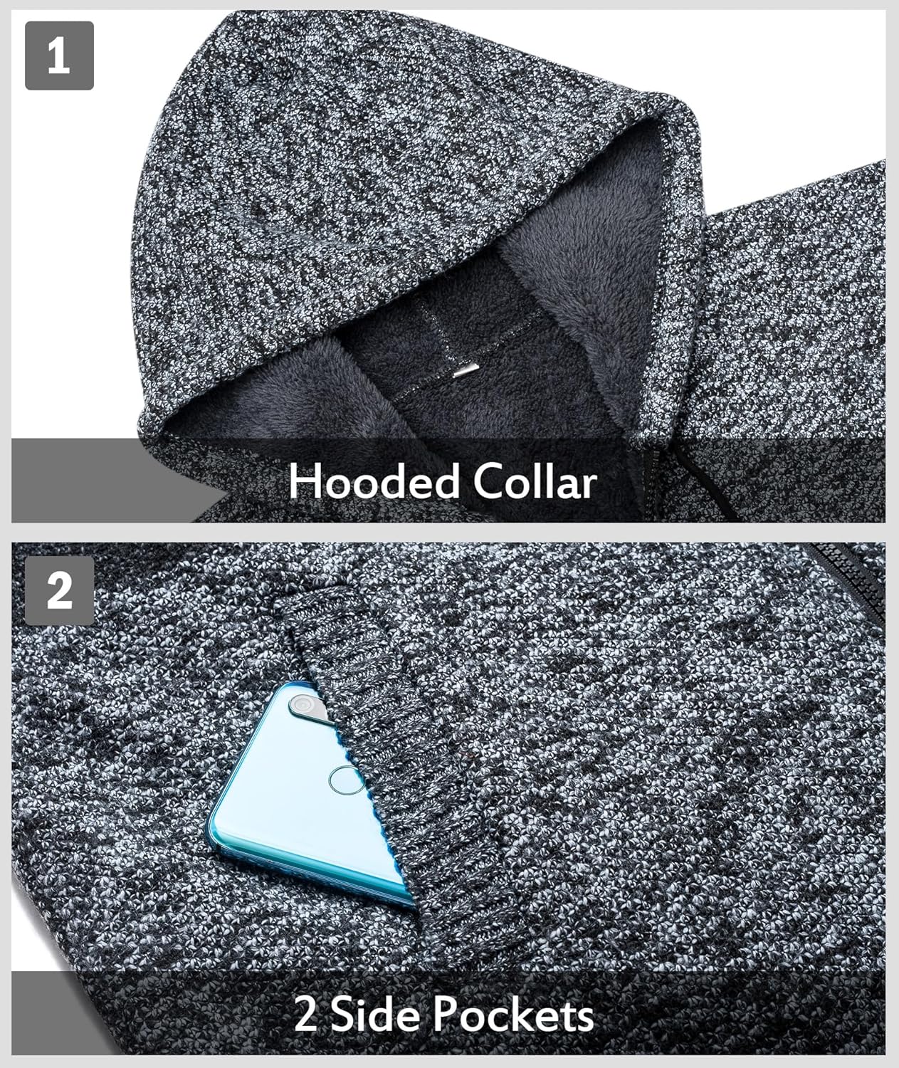 LLdress Mens Knit Cardigan Sweaters Sherpa Lined Full Zip Hoodie With Pockets - Image 4