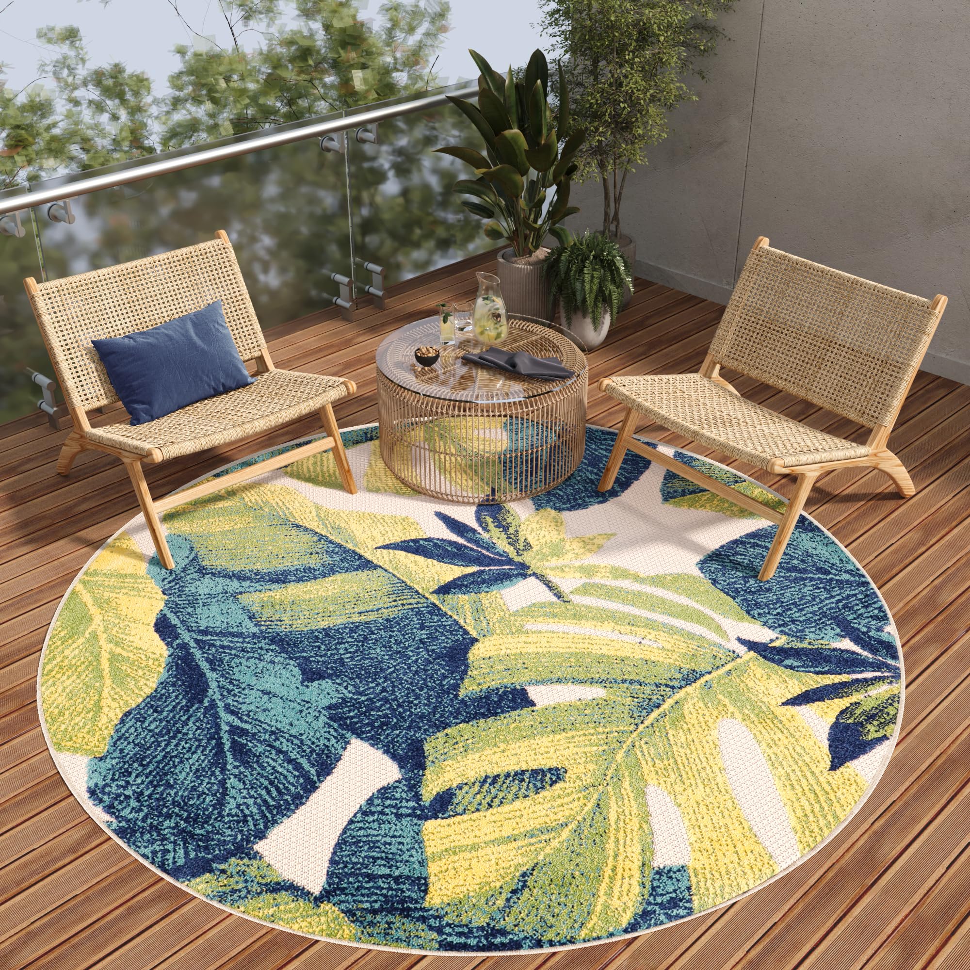 TAPISO Patio Redonda Alfombra de Pelo Corto Exterior Interior Resistente Moderna Efecto 3D Hojas de Palma Crema Verde Azul Alfombra de Salón Terraza Cocina Habitación Balcón Oeko-Tex 100 x 100 cm