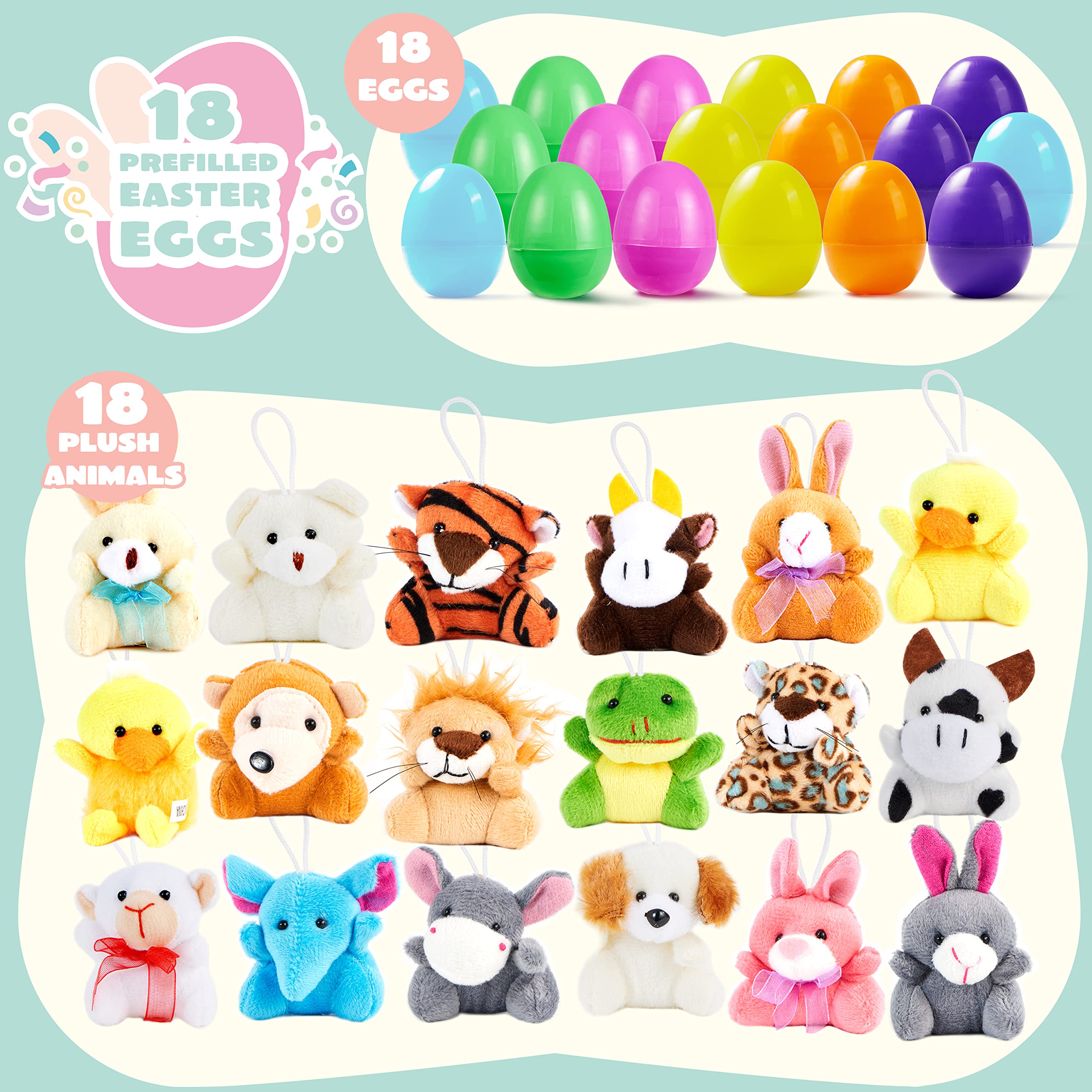 JOYIN 18 Pcs Pre-Filled Easter Eggs with Plush Animal Toys, Egg Filled Keychain for Kids Hunt Goodie Bag Fillers Basket Stuffers and Party Favor