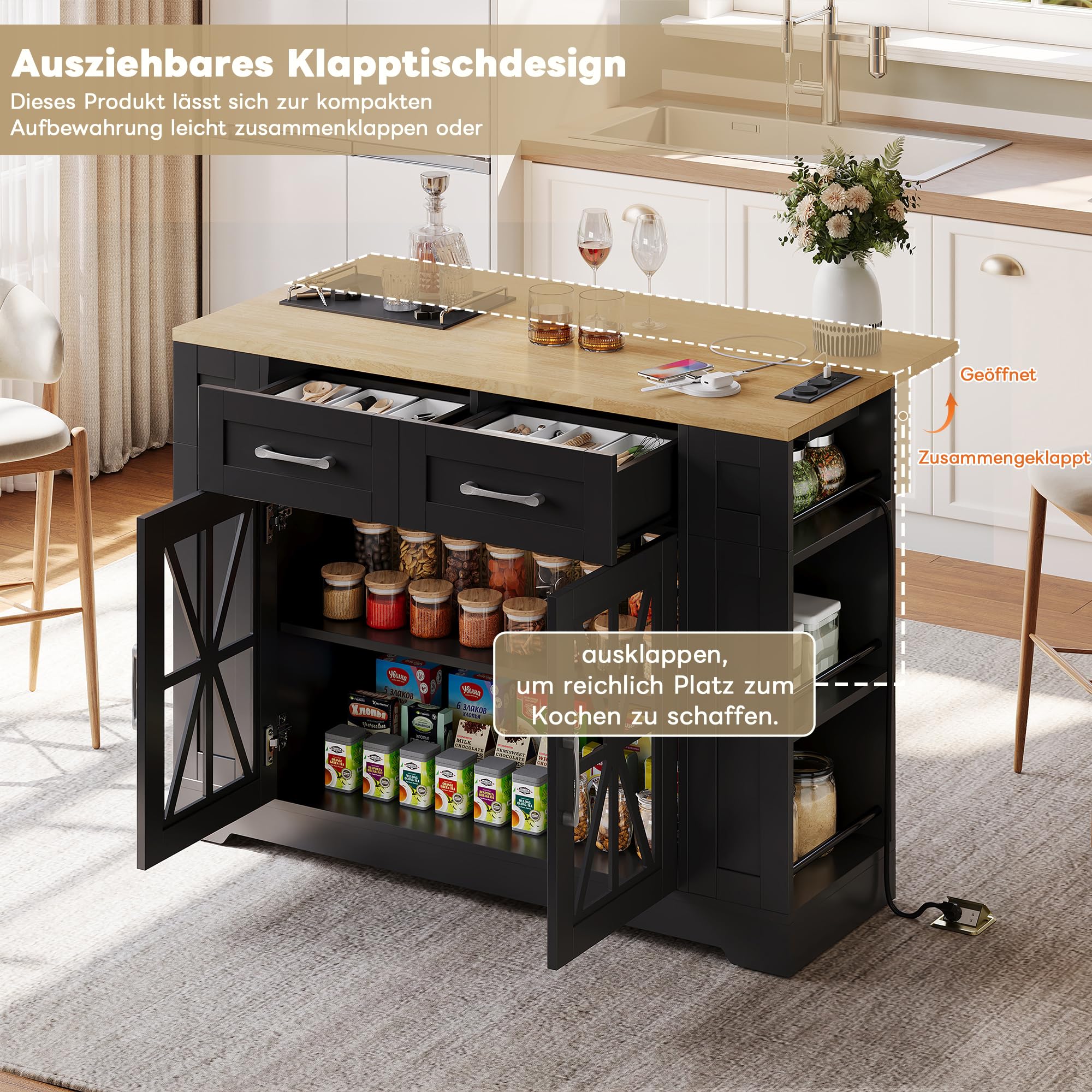 Isola da cucina mobile, carrello da cucina, tavolo da pranzo allungabile con ripiano aperto, connettore AC, laminato regolabile, ruote con freni, per cucina, sala da pranzo, 120 x 65 x 92