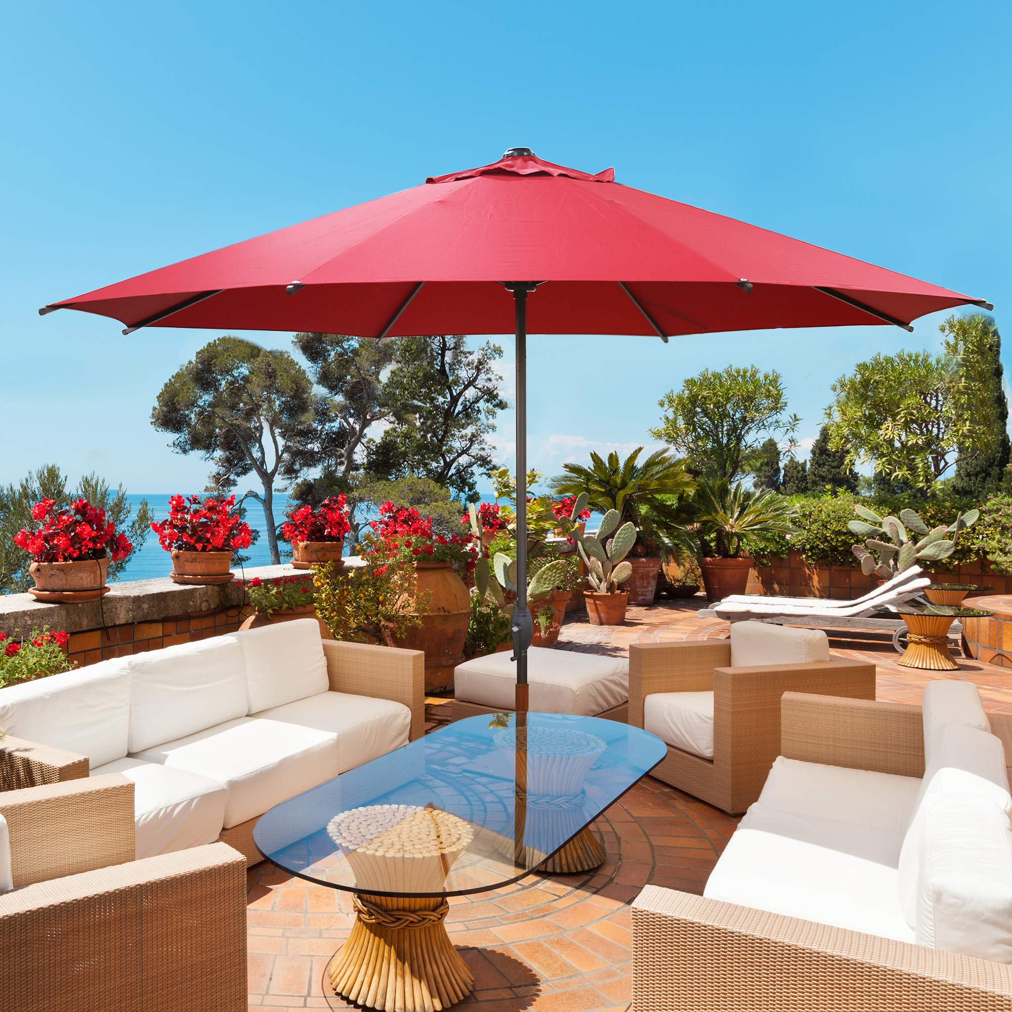 Amazon Com Abba Patio 11ft Patio Umbrella Outdoor Umbrella Patio Market Table Umbrella With Push Button Tilt And Crank For Garden Lawn Deck Backyard Pool Red Garden Outdoor