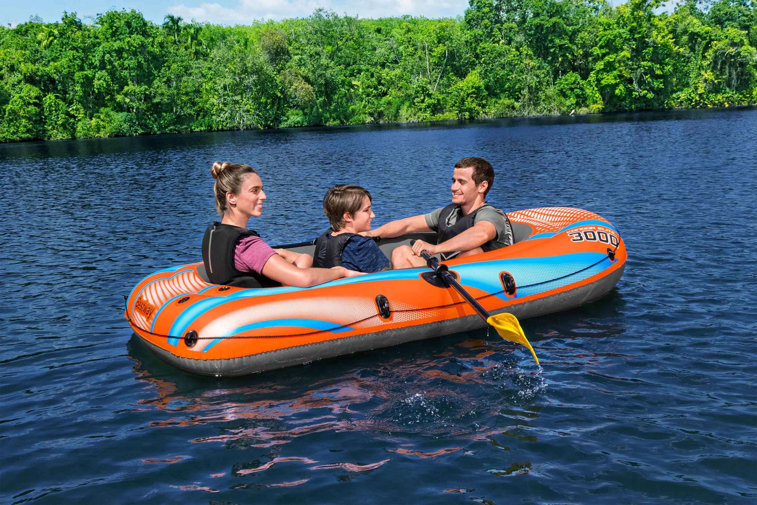 Bestway Inflatable Boat, Kondor 3000, 3 Persons, Raft Set with Oar and Hand/Foot Pump, Heavy Duty Handles and Interlocking Valves, 8.1” x 48”, 2.46m x 1.22m