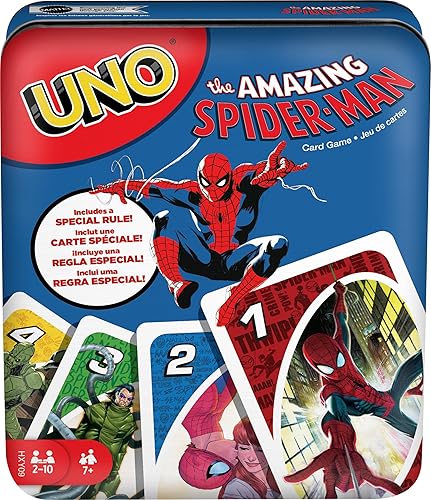Mattel Games UNO - Juego de cartas The Amazing Spider-Man en lata de almacenamiento y viaje para niños, adultos y familia con cubierta y regla