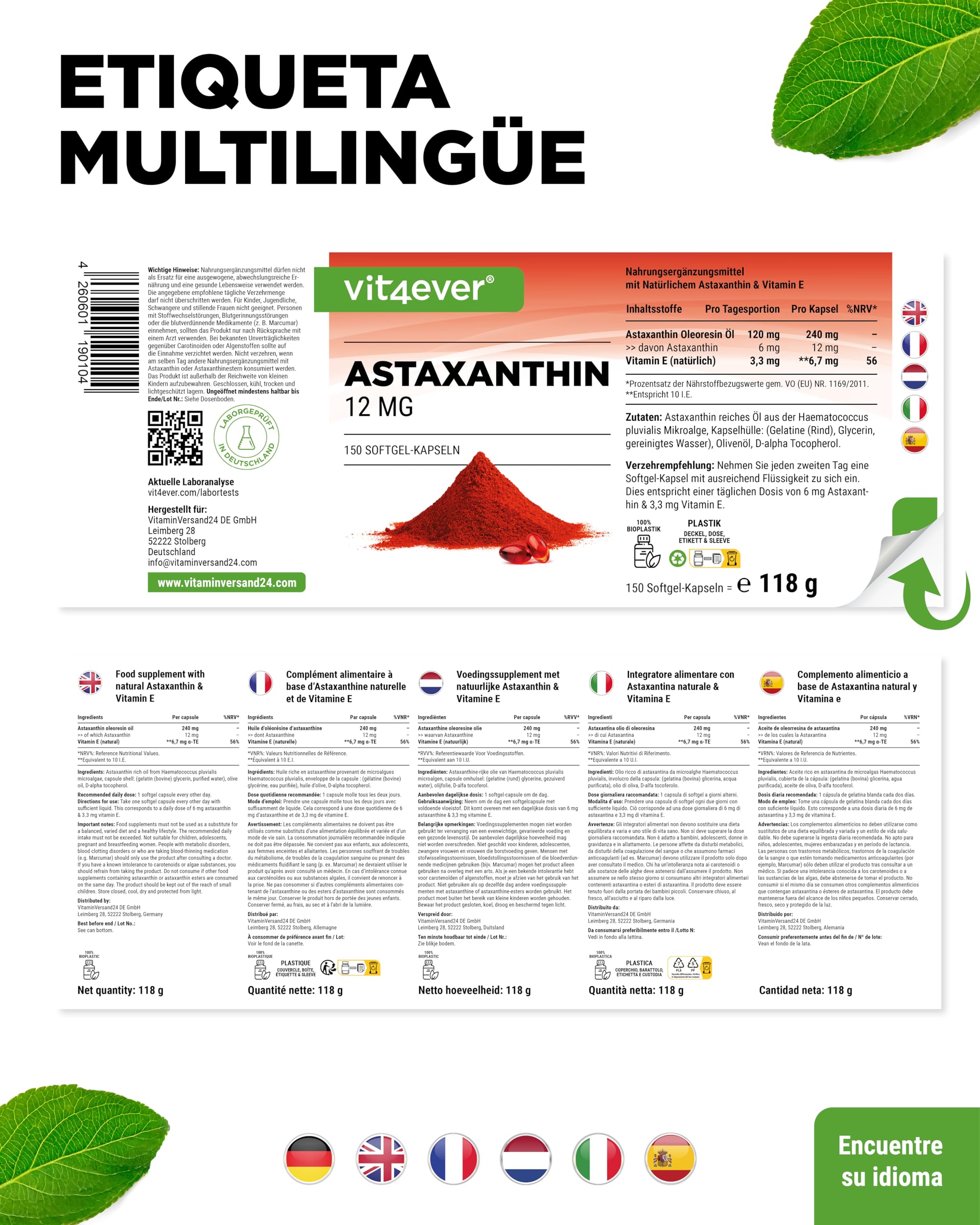 vit4ever Astaxantina 12 mg AstaGuard® - 150 Cápsulas Veganas - Alta dosis