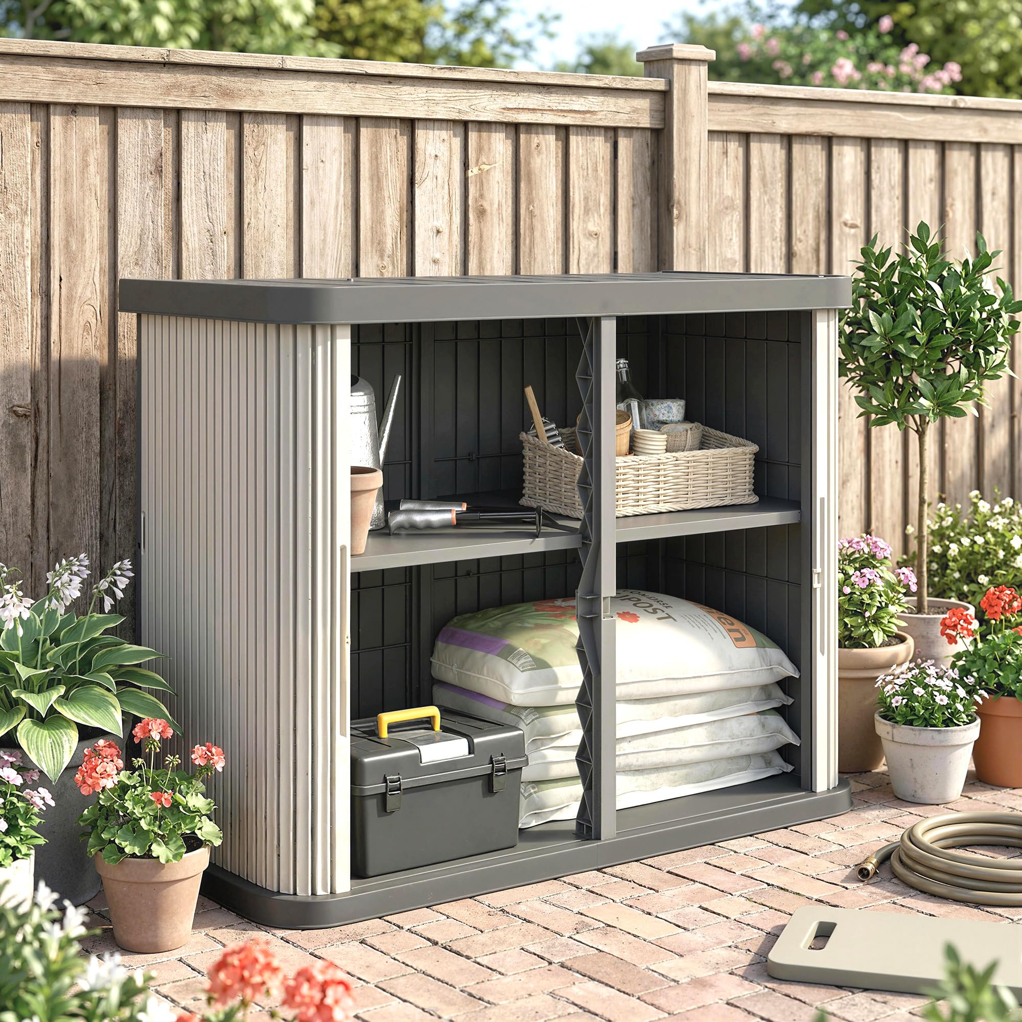 Outsunny Coffre de Rangement Extérieur 480 L 2 Niveaux Portes Coulissantes Résistant aux UV Jardin Terrasse 120,5x59,5x92cm Marron Clair