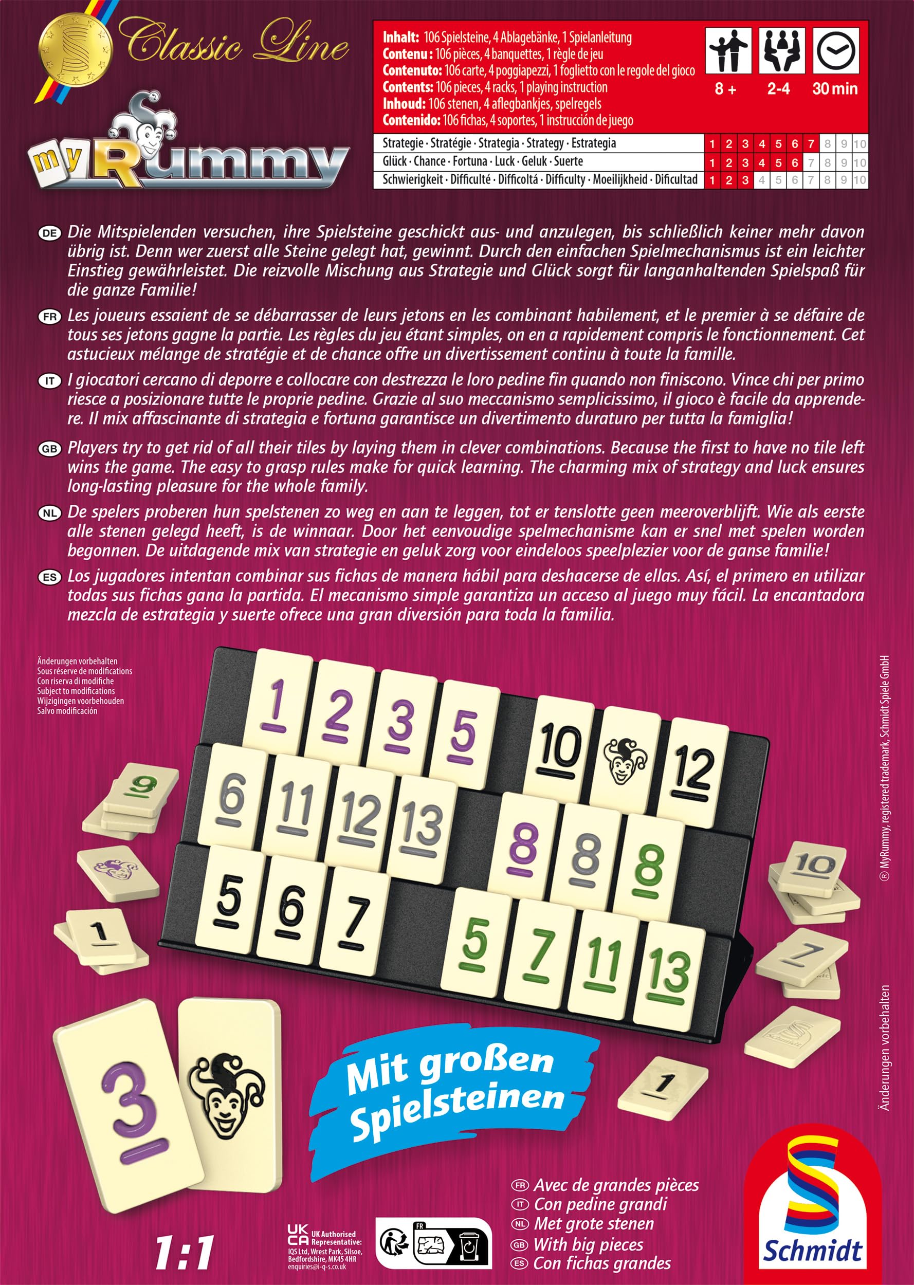 Schmidt Spiele 49474 MyRummy, Classic Line, Legespiel mit großen Spielsteinen, in Einer Metalldose
