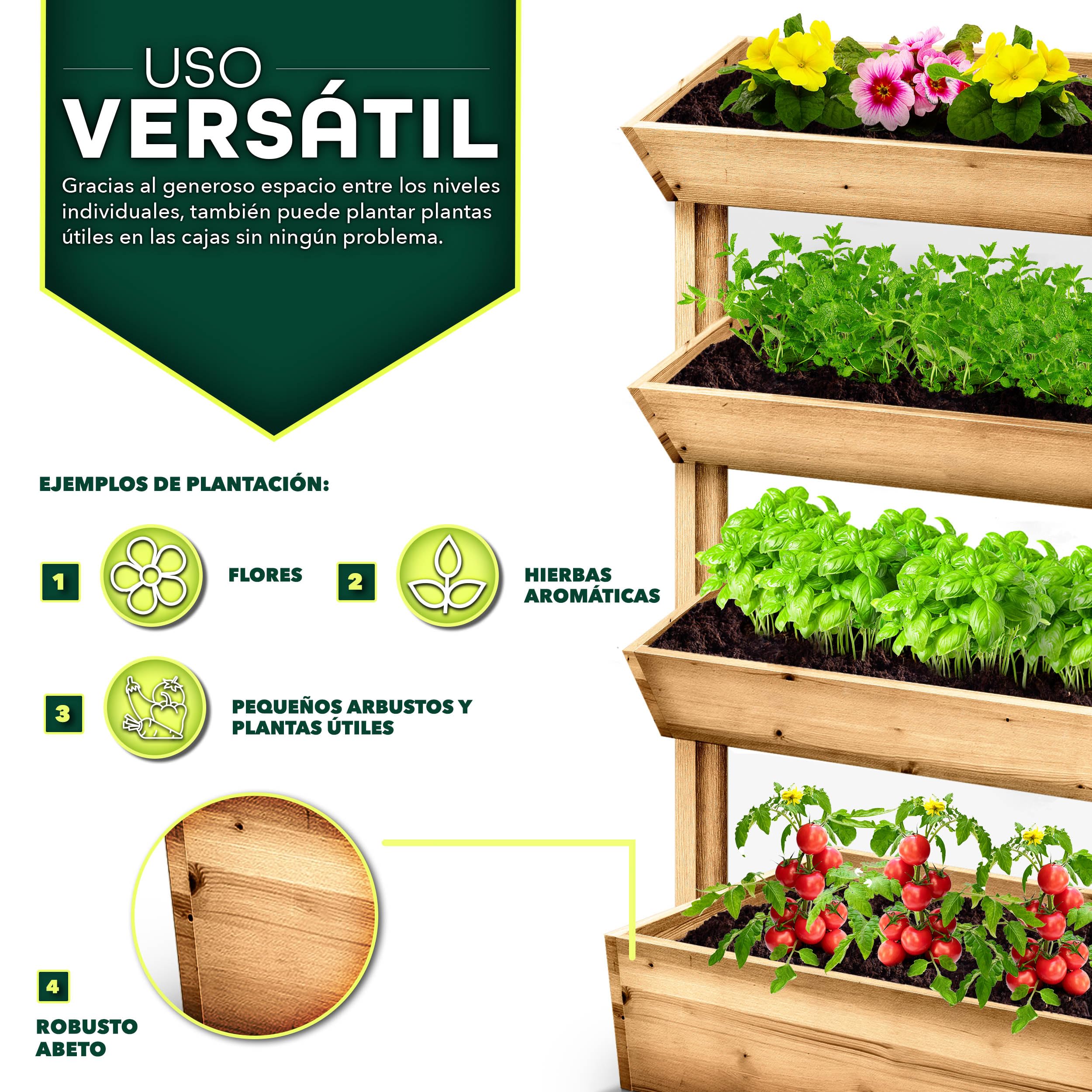 tillvex® Jardinera de madera con 4 niveles, jardinera premium fieltro para jardín, escalera para plantas, terraza, balcón y jardín, arriate Elevado de verduras, bancal de hierbas, semillero de flores