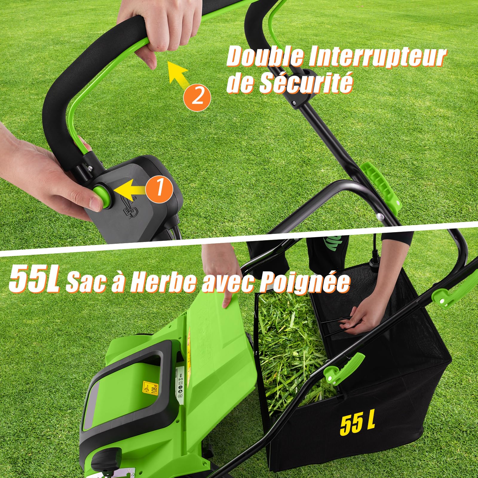 COSTWAY Scarificateur et Aérateur Électrique Filaire 2 en 1 de 2000 W 3500rpm, 2 Lames Largeur de Travail 40 cm avec Réglable à 5 Positions Sac de Ramassage 55 L, pour Pelouses 800 m² (Vert)