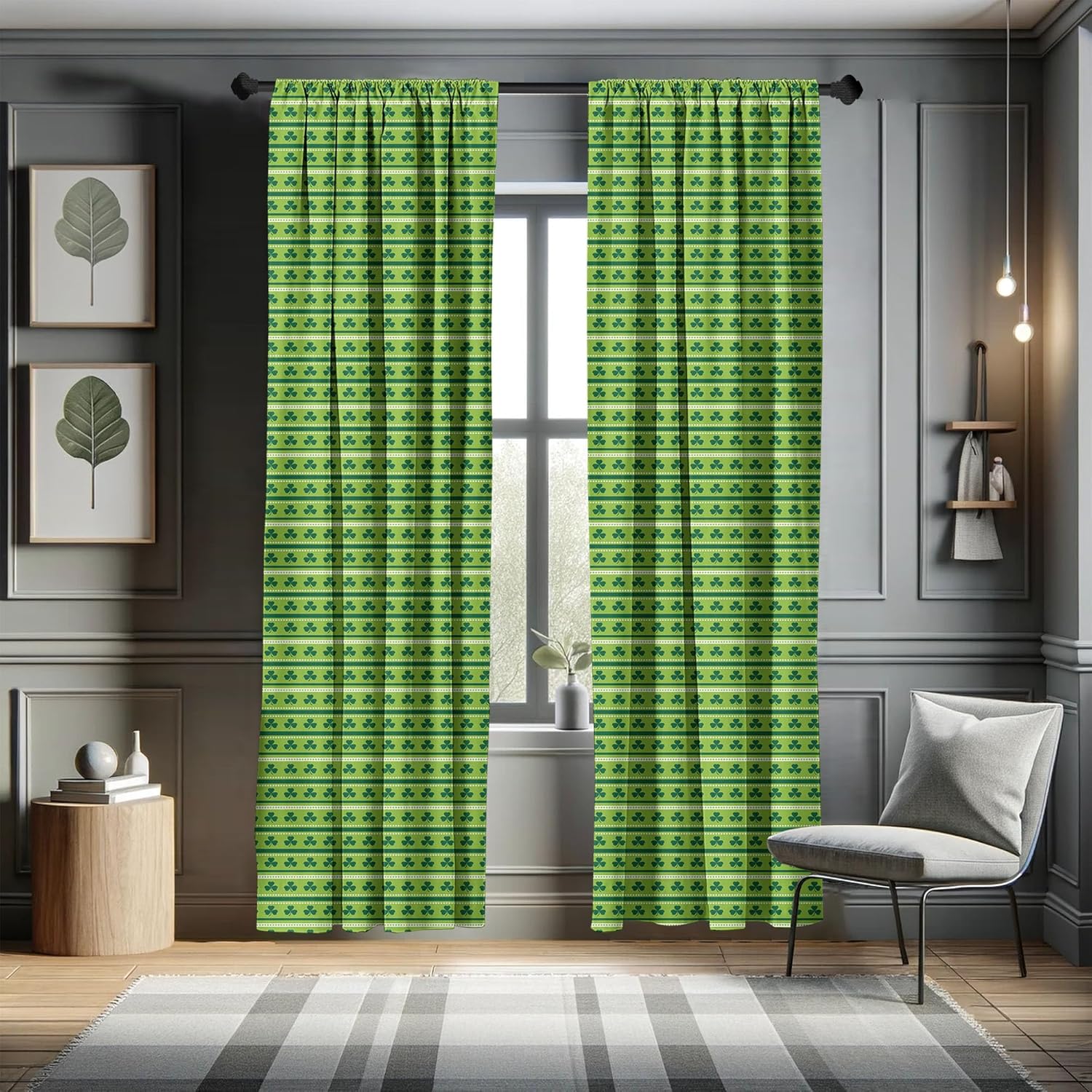 Ambesonne Green Window Curtains, Traditional Irish Pattern Clovers Happy St. Patrick's Day Theme, Lightweight Decor 2-Panel Set with Rod Pocket, Pair of - 28" x 95", Lime Green