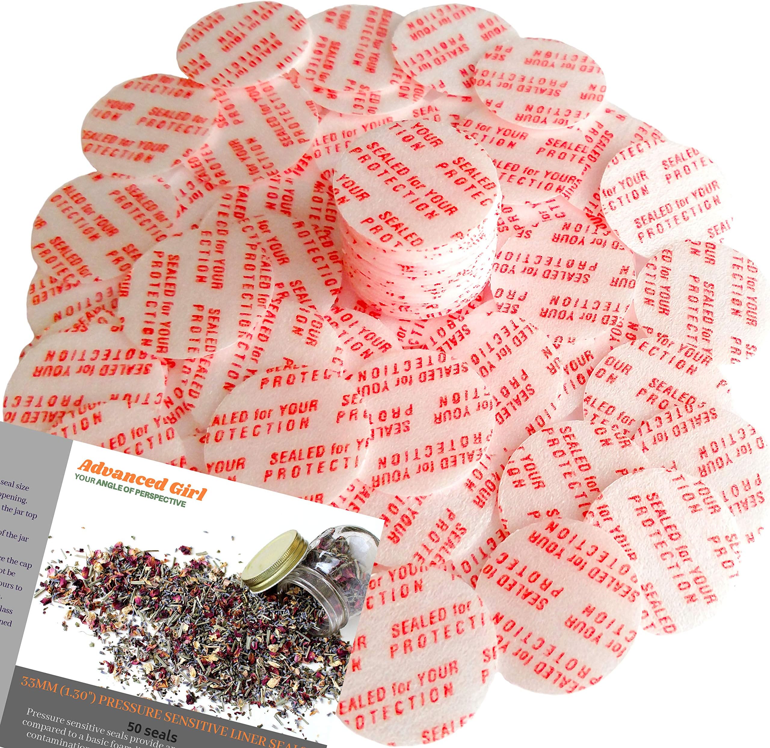 Torque Activated Pressure Sensitive Seals Cap Liners - 33 mm (1.30") -50 PCS -Made in USA- for Glass & Plastic Bottles & Containers - No Induction Sealer Needed