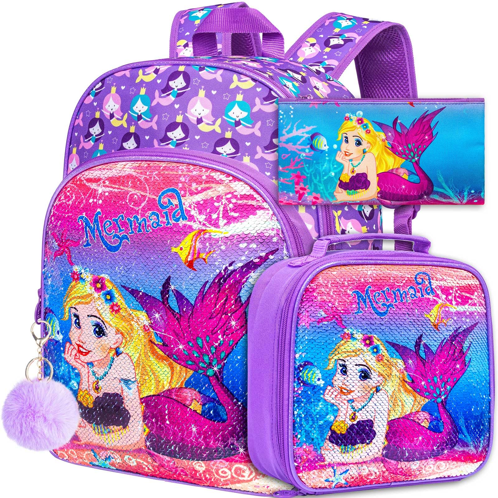 KLFVB 3PCS Unicorn Mermaid Backpack for Girls, 16" Sequin Kids Bookbag and Lunch Box, Preschool Backpacks for Elementary
