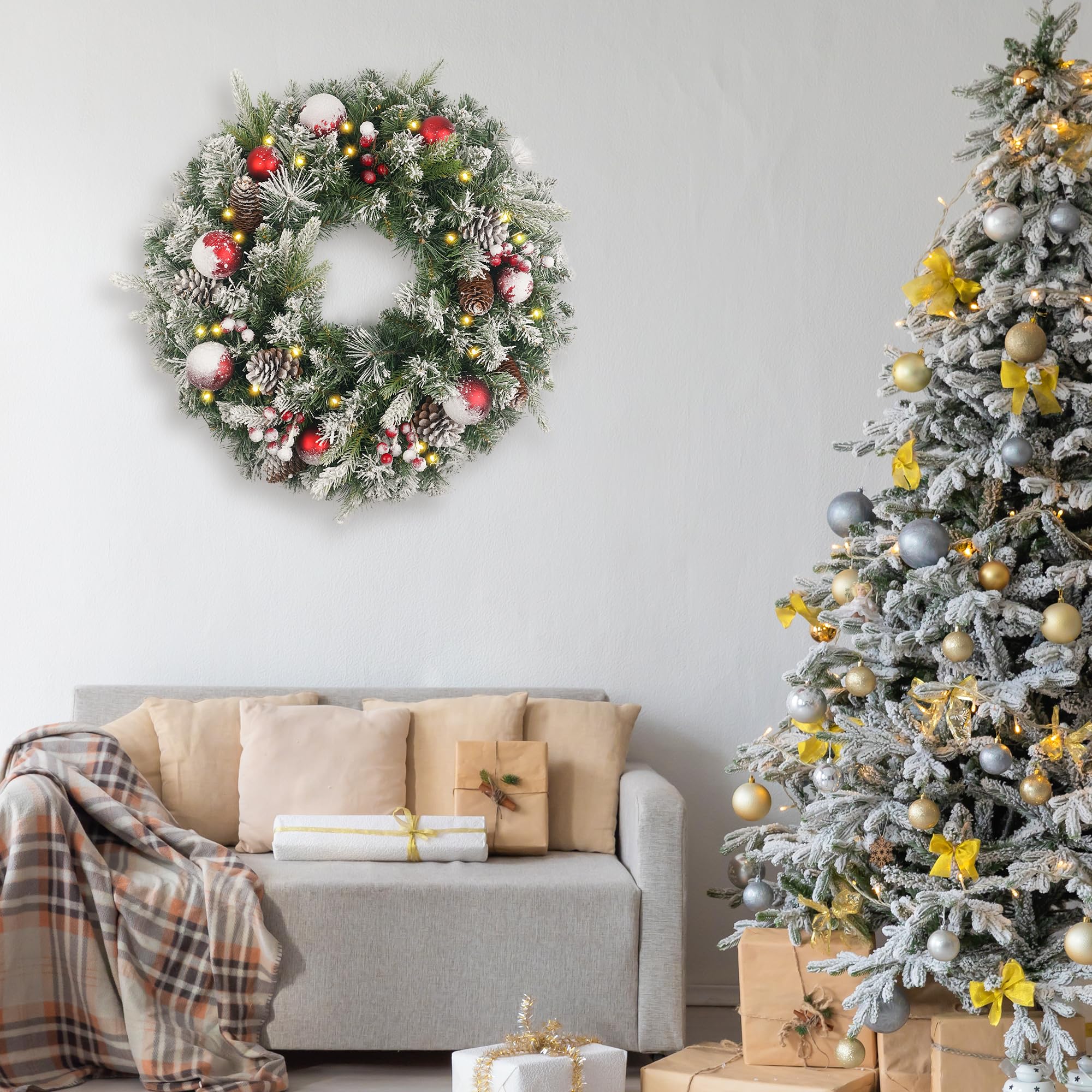 Couronne de Noël floquée pré-éclairée de 61 cm avec 50 pommes de pin lumineuses et boules rouges pour porte d'entrée avec lumières, couronne de Noël pour décoration de Noël, porte, fenêtre, mur (vert)