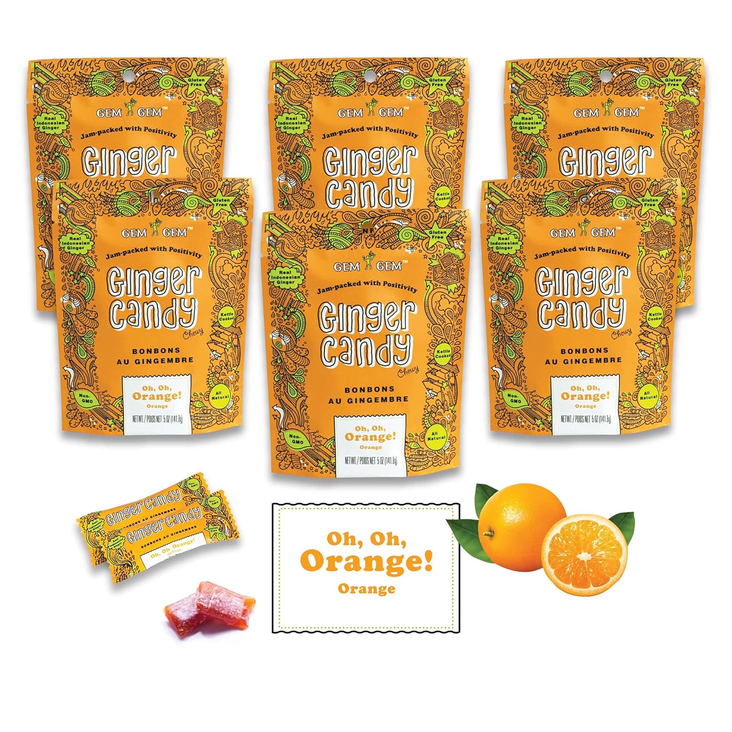 Gem Gem Ginger Candy Chewy Ginger Chews (Orange, 5.0oz