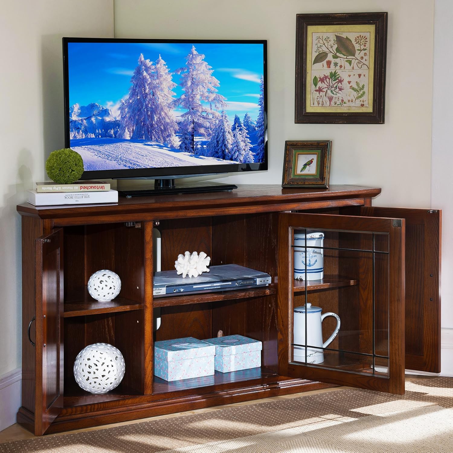 Leick Home 80385 Leaded Glass Three Door Corner TV Stand with Enclosed Storage For 50" TV's, Burnished Oak