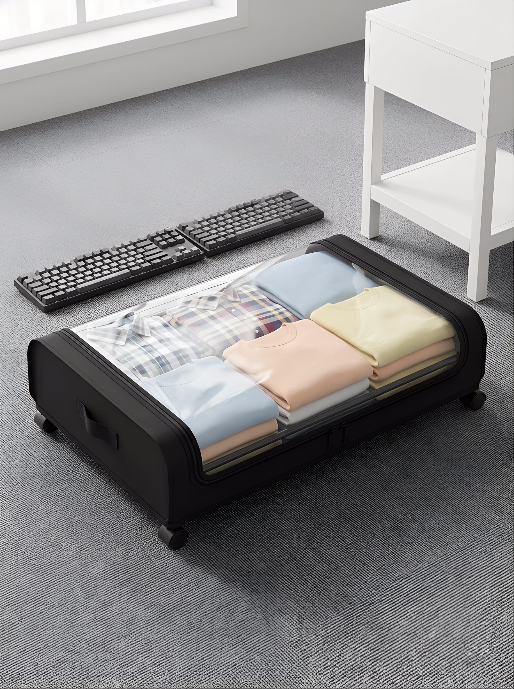 Contenitore sottoletto con ruote, 2 pezzi 80x44x18cm, con finestra trasparente, contenitore sottoletto pieghevole per vestiti, scarpe, coperte, biancheria da letto, Nero