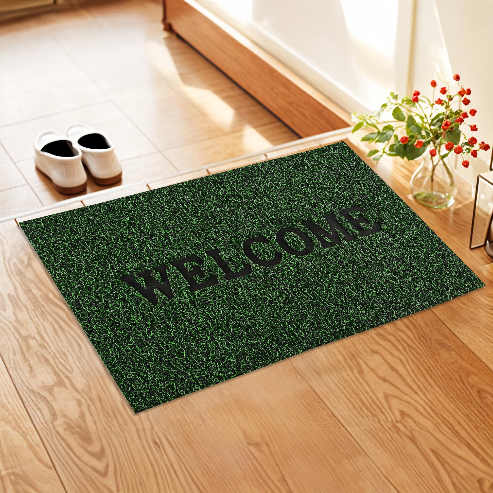 Kuber Industries (16x24 Inch) Anti-Slip Welcome Print Grass Door Mats for Home| Durable Main Entrance Footmats for Bathroom, Living Room & Office | Grass Cut - Green