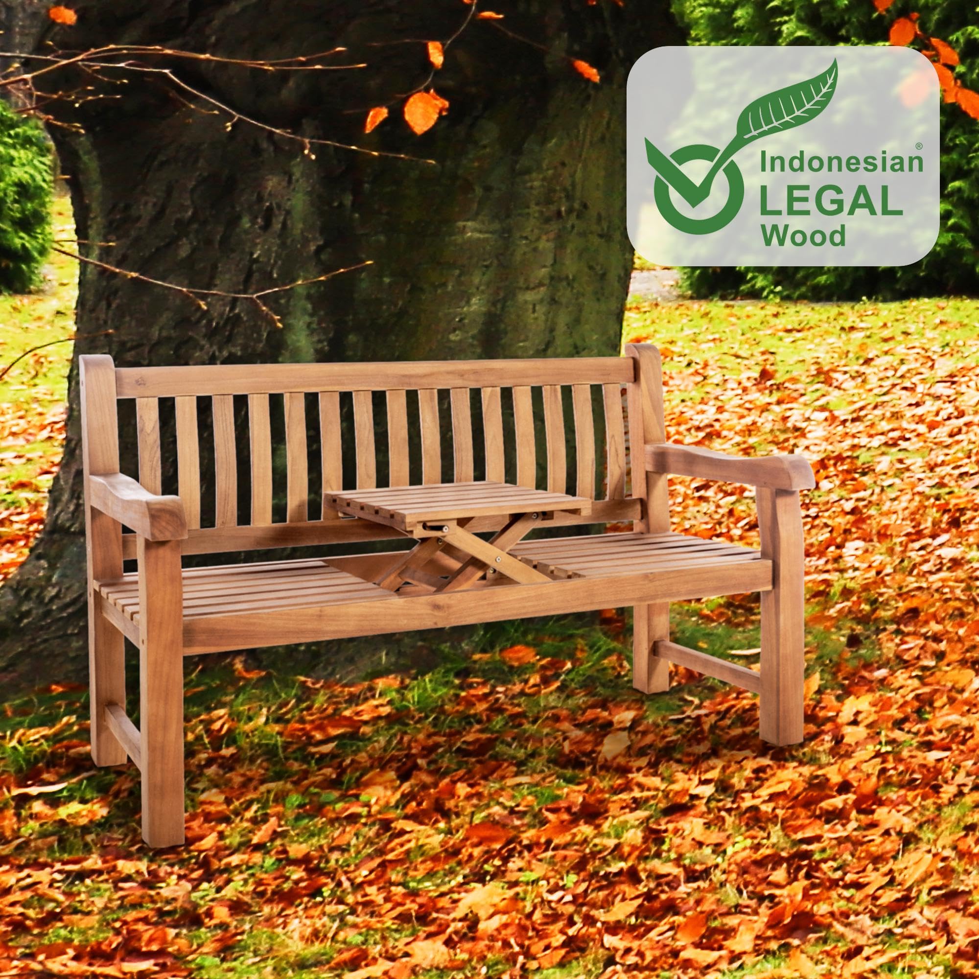 CLP Teakbank Orlando I Wetterfeste Gartenbank Mit Klapp-Tisch, Farbe:Teak, Größe:150 cm