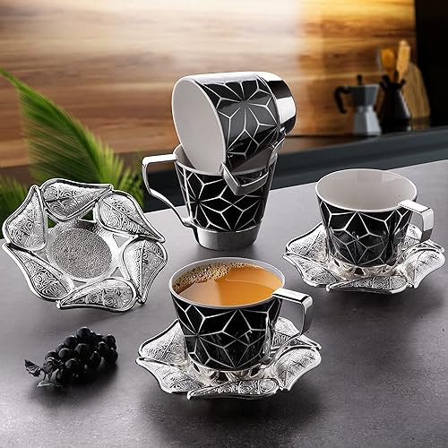 Miniatura 3 de LaModaHome Tazas de café expreso con platillos, juego de 6 tazas de café turco árabe griego para mujeres, hombres, invitados o para fiesta de té.