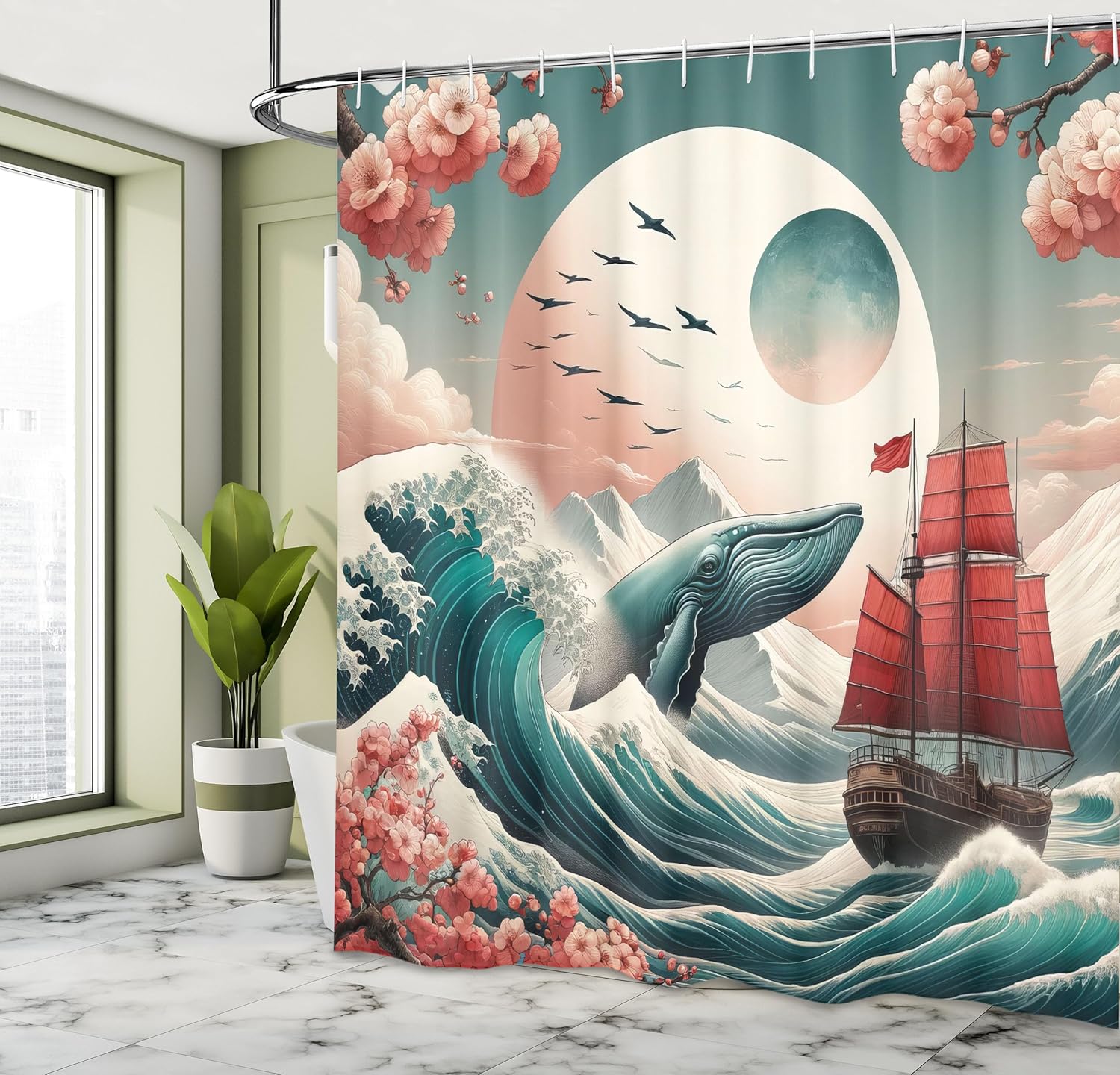 Ambesonne Nautical Shower Curtain, Whale Sakura Spring Branches and Ship with Warm Colored Sails Ocean, Cloth Fabric Bathroom Decor Set with Hooks, 69" W x 84" L, Teal Blush and Dark Coral