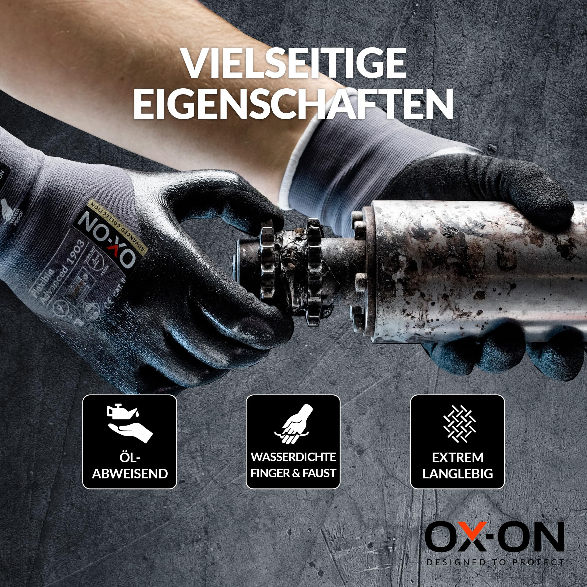 OX-ON FLEXIBLE ADVANCED 1903 Gants de travail Taille 9 I 12 paires de gants de protection imperméables et oléophobes avec double revêtement I Confortable et avec adhérence ferme I Certification EN I