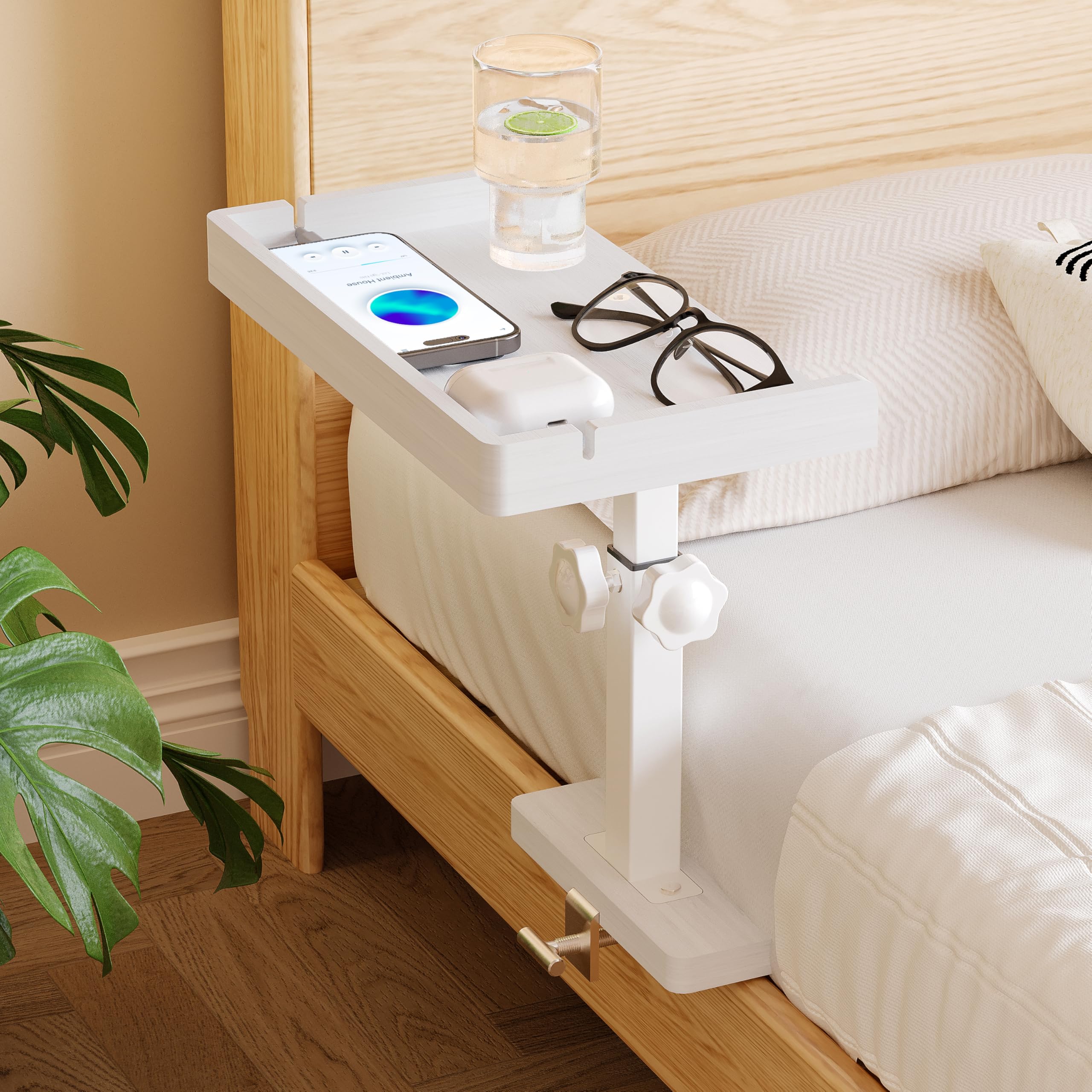 Wealone Adjustable Bedside Shelf for Bed, White College Dorm Room Essentials, Bamboo Bed Side Tray Table with Sturdy Metal Pole, Clip On Nightstand Organizer for College, Apartment, Bunk Beds