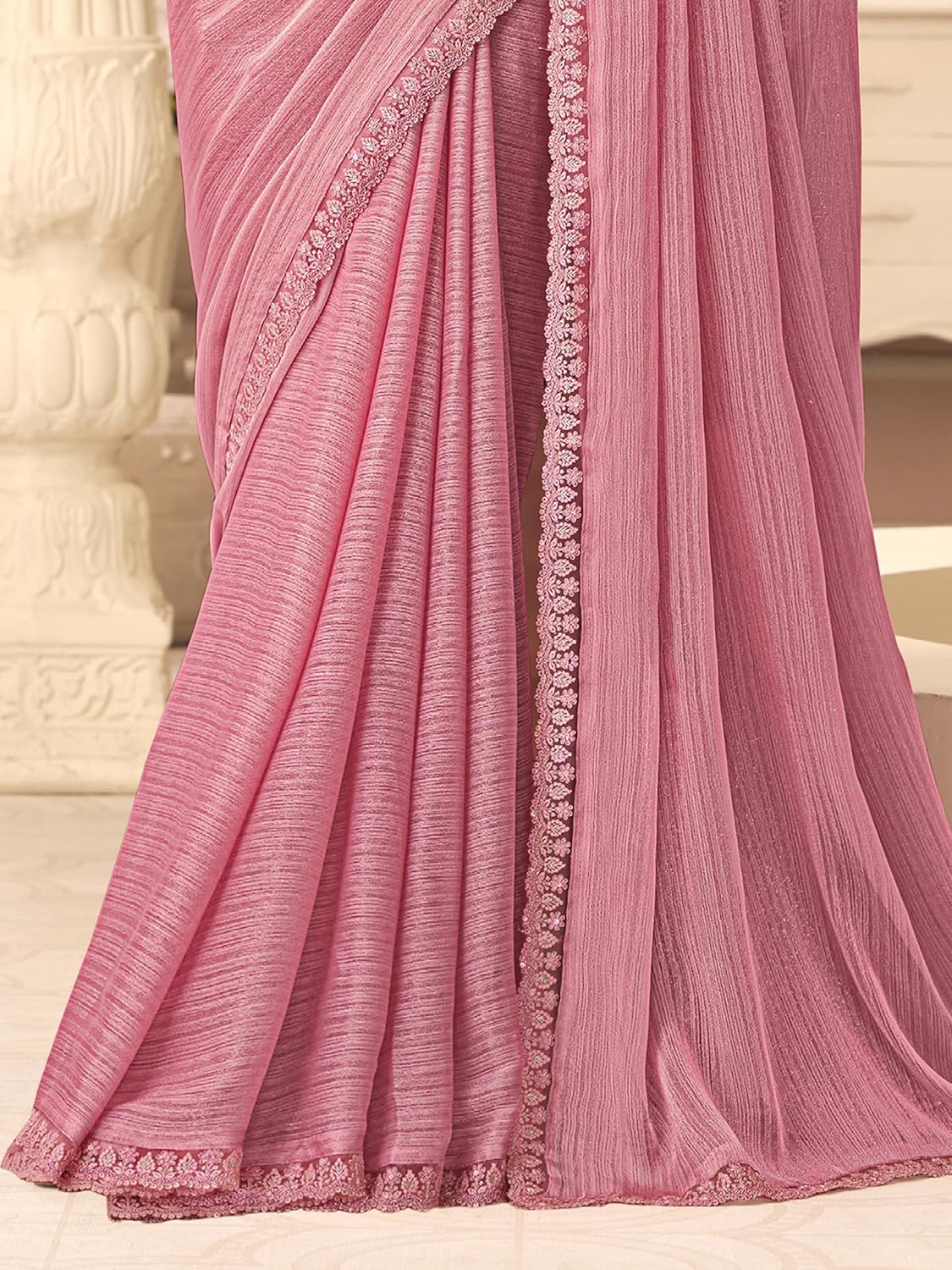 TRENDMALLS Women's Chiffon Embroidery Sequence work Saree with Unstitched Blouse Piece (K1197-LightPink)