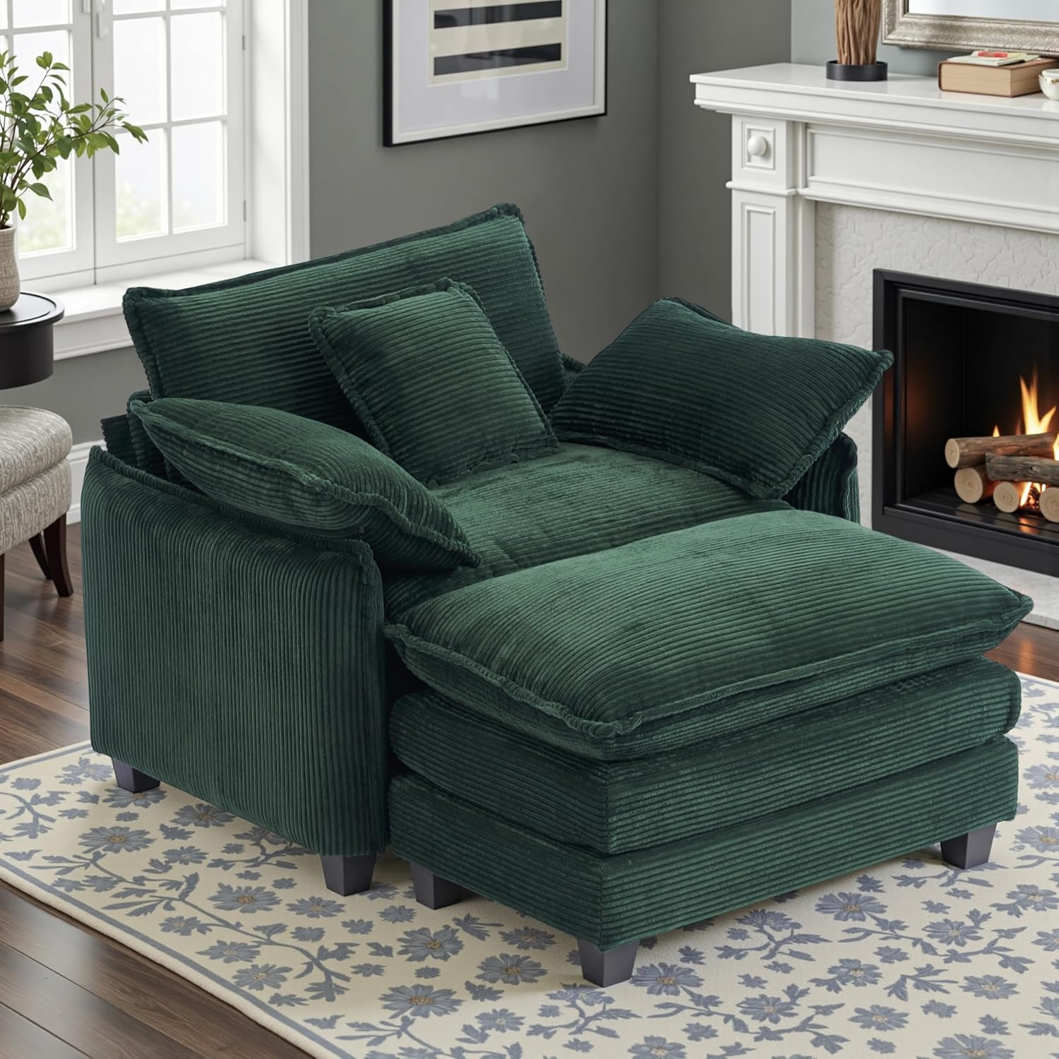 46" W Oversized Chair with Ottoman - Comfy Accent Chair and Ottoman Set, Single Corduroy Large Armchair with Extra Thick and Deep Seat, Modern Cloud Chaise Lounge for Living Room(Green)