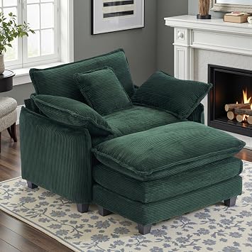 46" W Oversized Chair with Ottoman - Comfy Accent Chair and Ottoman Set, Single Corduroy Large Armchair with Extra Thick and Deep Seat, Modern Cloud Chaise Lounge for Living RoomGreen
