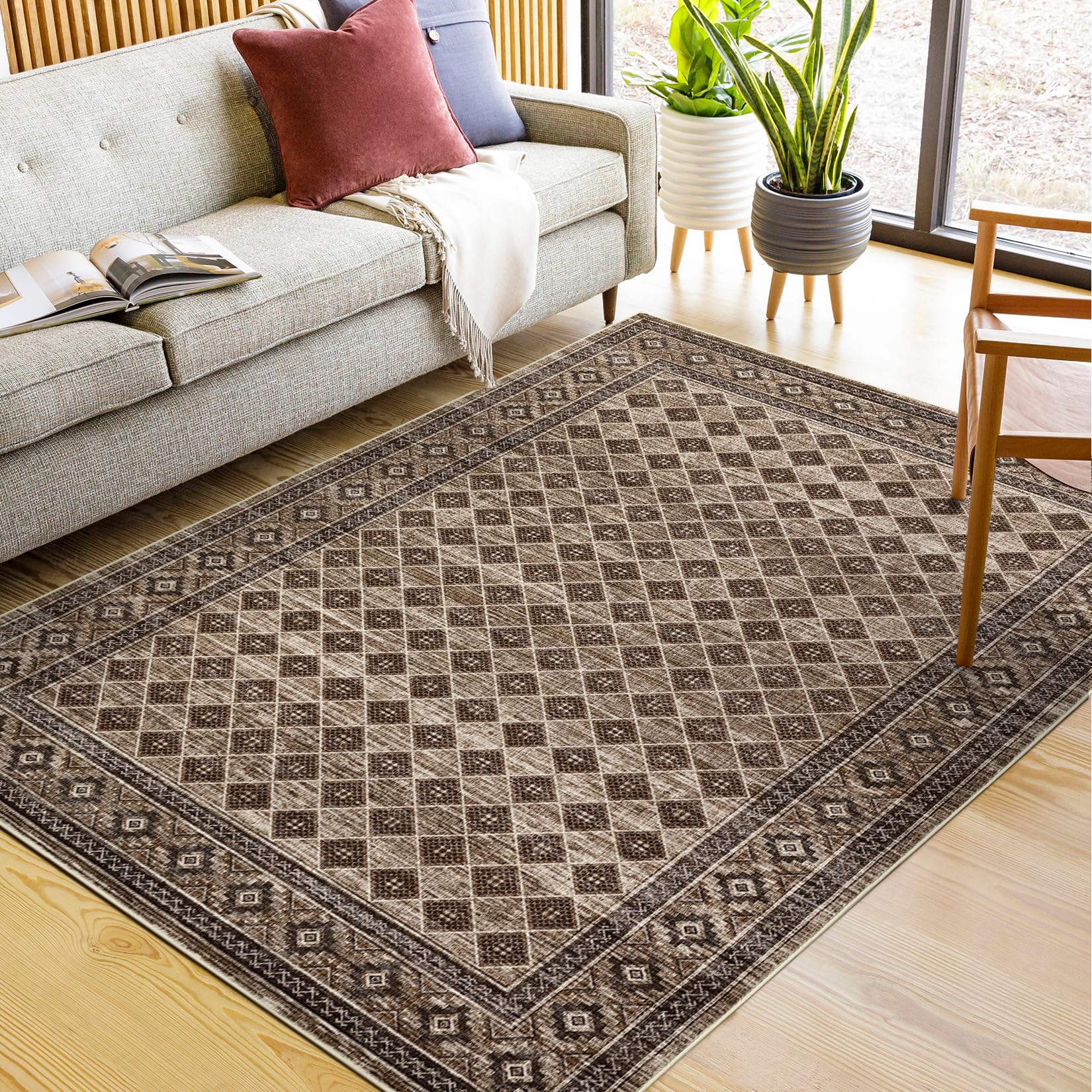 Garvee 9x12 Large Washable Living Room Rug Retro Trellis Diamond Print Carpet with Non Slip Backing, Soft Low Pile Thin Indoor Carpet Foldable
