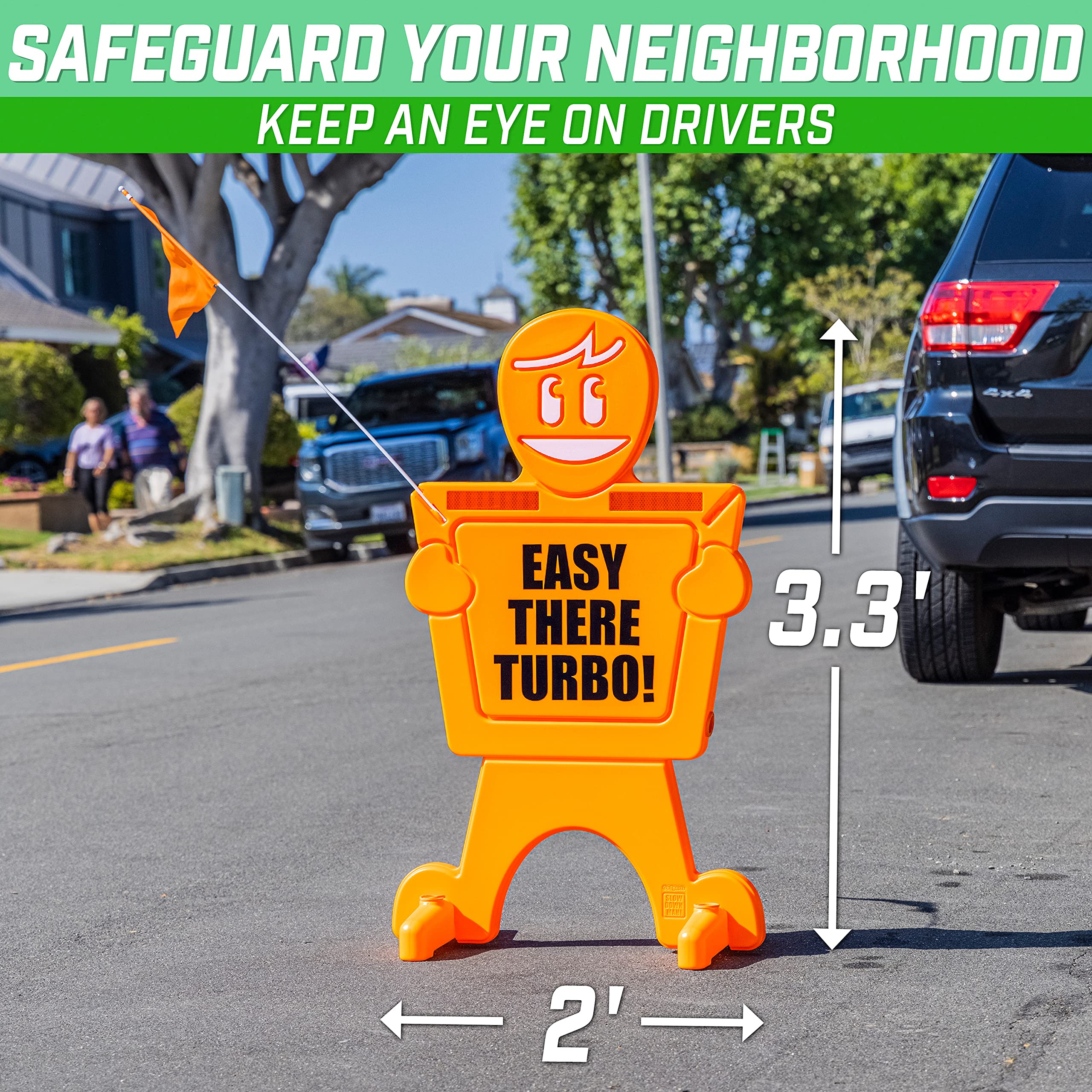 GoSports SlowDownMan! Señal de seguridad callejera – Señalización de alta visibilidad para niños en juego para vecindarios con 9 opciones de calcomanías y bandera