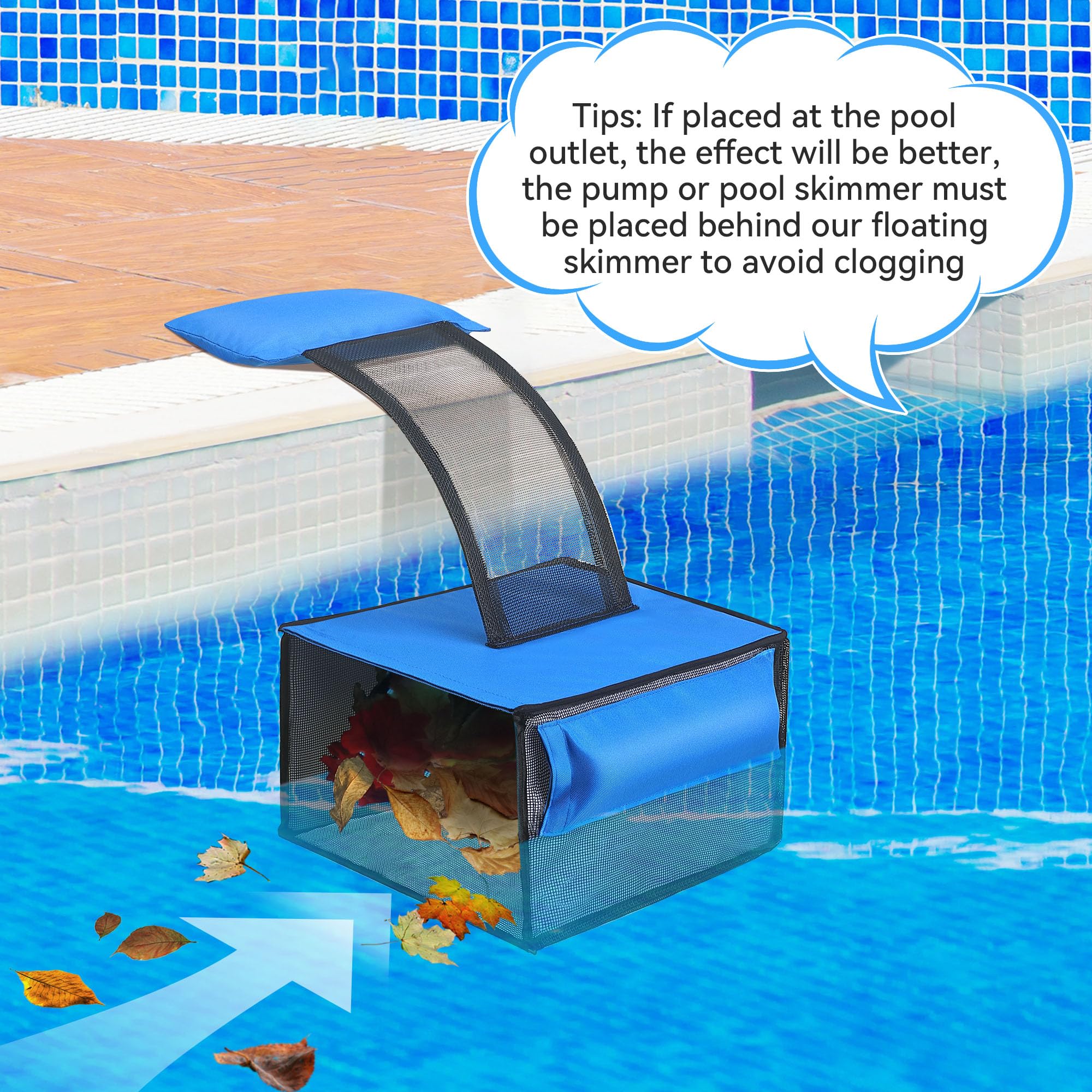Desnatador azul para piscina sobre el suelo, espumador de hojas de piscina de lujo, atrapador eficiente de hojas de piscina, herramienta de mantenimiento ideal para limpieza de piscinas, ideal para