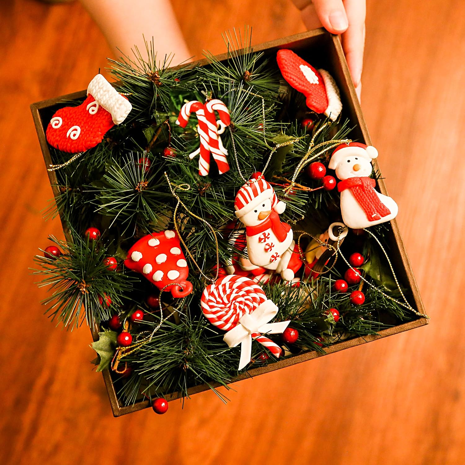 Christmas Tree Ornaments Set -18 Unique Holiday Ornaments, Clay Material, Charming Reds and Whites Christmas Set, Festive Hanging Ornament Set