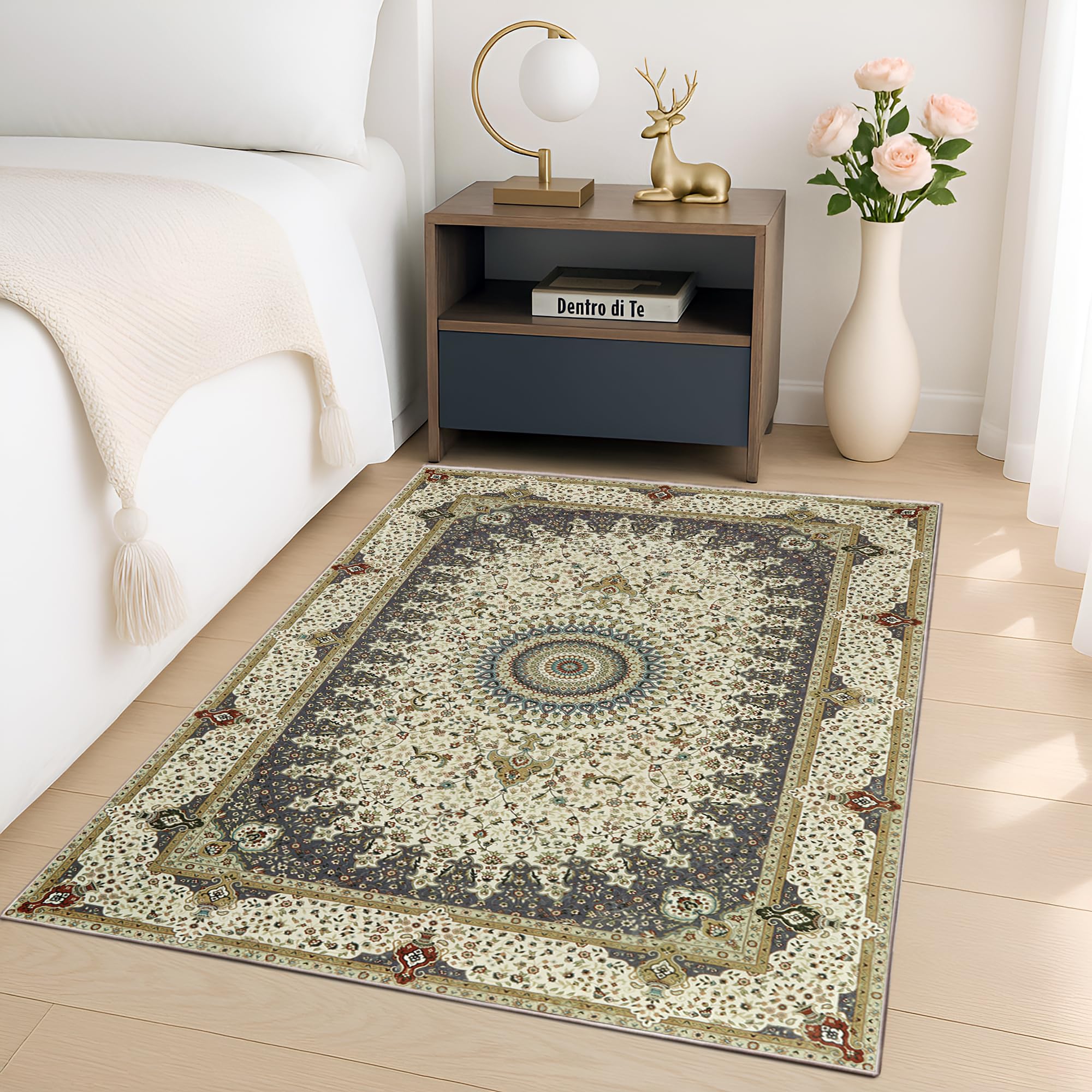 BedLooms Washable Rugs Living Room 80x150 cm – Floral Vintage Cashmere Design Grey Area Rugs for Bedroom Non Slip –Traditional Boho Rug for Kitchen Dinning Room Lounge (Willow Grey) — image 1