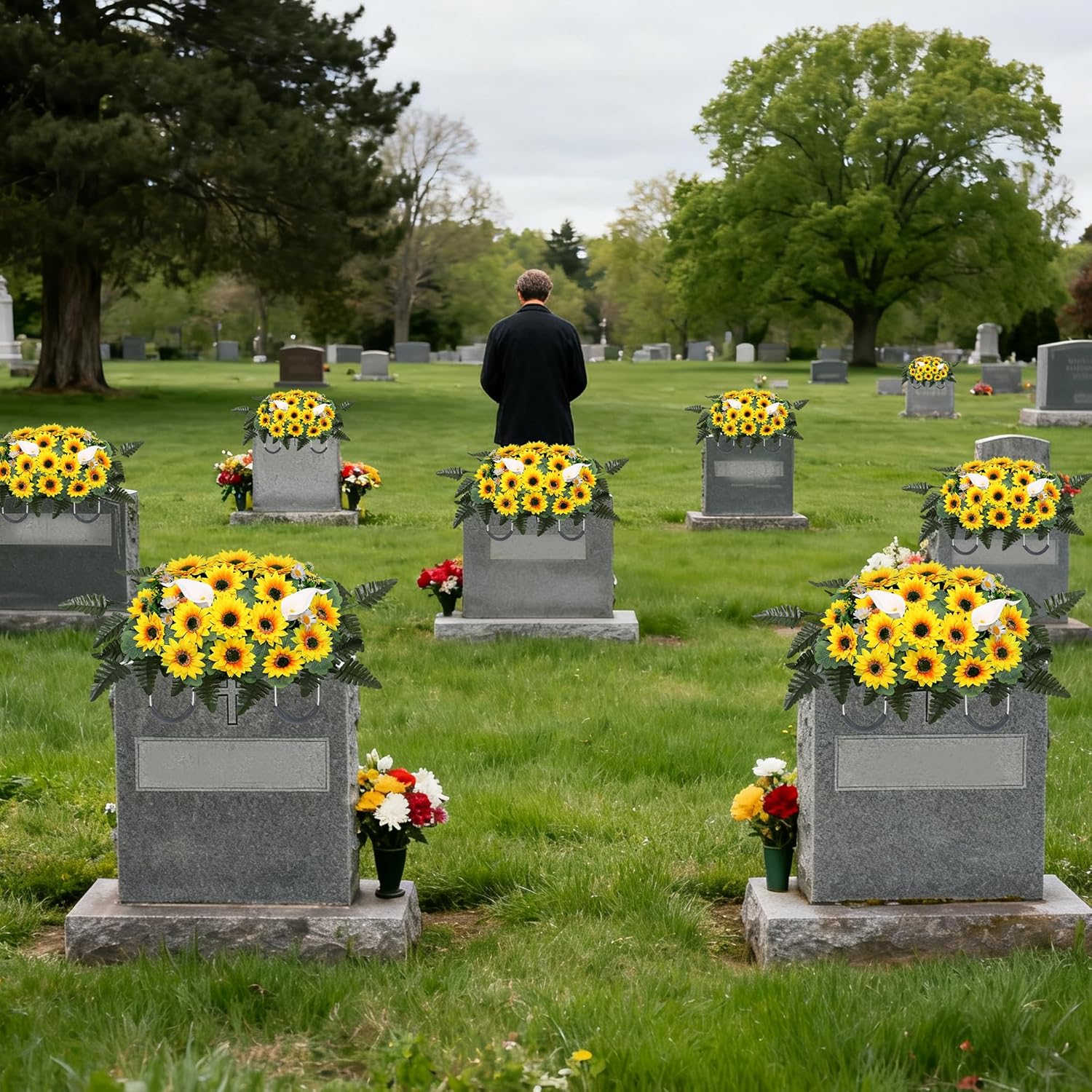 Headstone Flower Saddle,Cemetery Memorial Flowers,Artificial Sunflower and Calla Lily Saddle for Cemetery Headstone (Yellow)