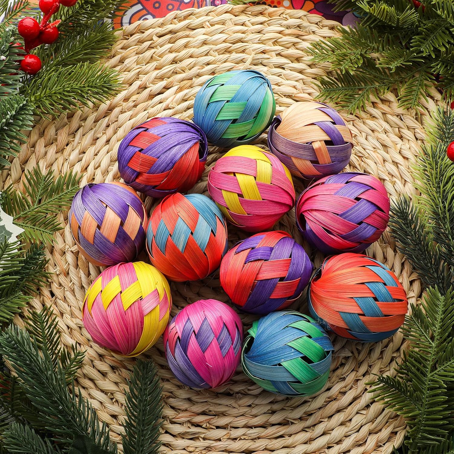 Soaoo 12 Pcs 2.4 Inch Christmas Mexican Ball Ornaments Set Colorful Hand Woven Mexican Straw Ornaments Christmas Tree Hanging Decoration for Holiday Xmas Tree Decorations - Image 3