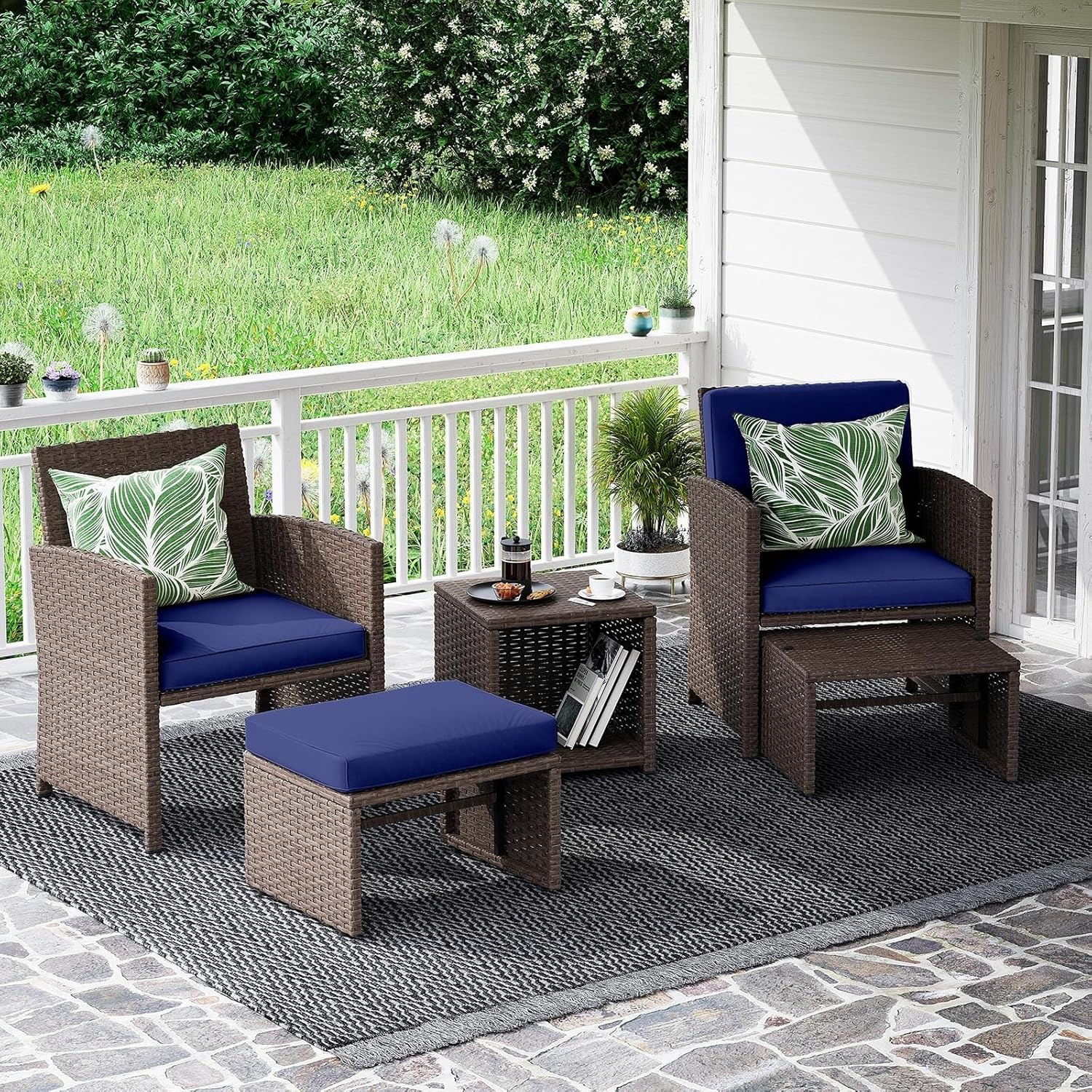 5 Pcs Patio Conversation Set with Cushions Wicker Chair Ottoman Storage Table Balcony Outdoor Furniture Sets for Backyard Porch Poolside Garden(Gray)
