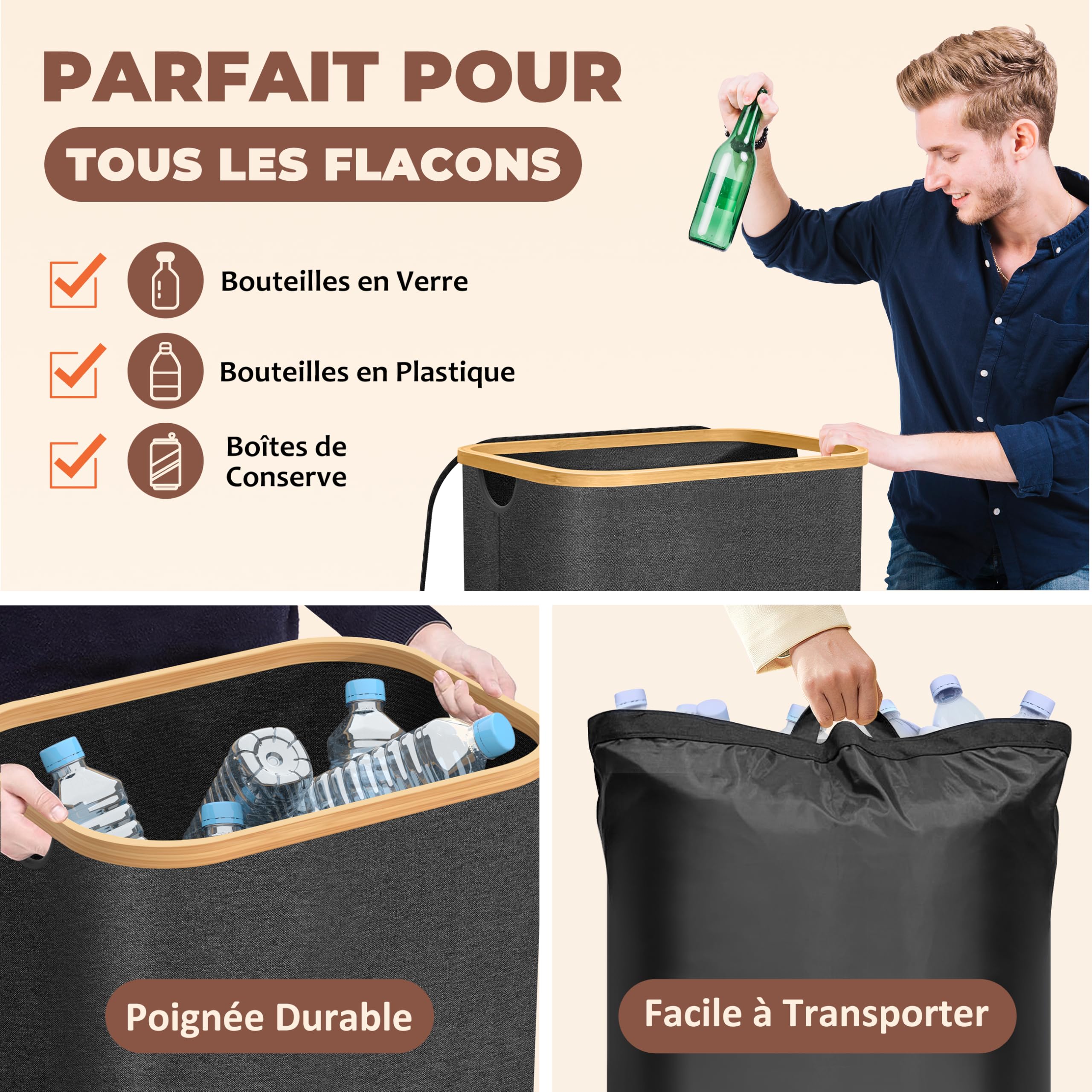 Poubelle Cuisine Tri Sélectif 100L Noir – Bac Recyclage Double Compartiment Bambou