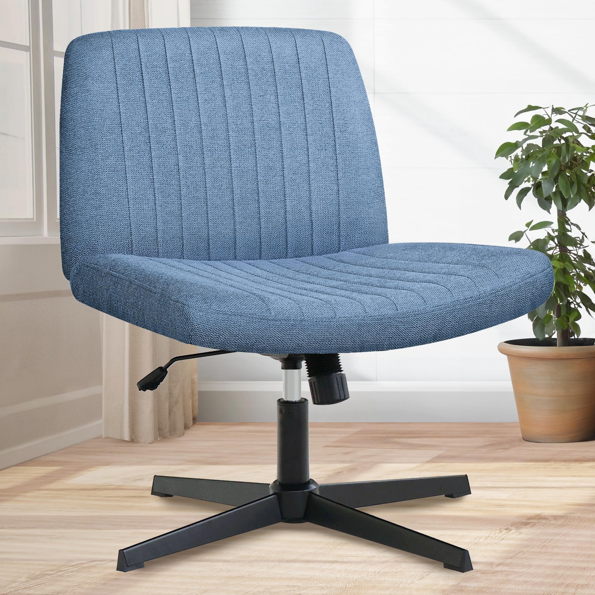 Orange Factory Criss Cross Chair No Wheel Wide Cross Legged Office Desk Vanity Chair Comfy Fabric Armless Adjustable Swivel for Home Computer Task (Blue)