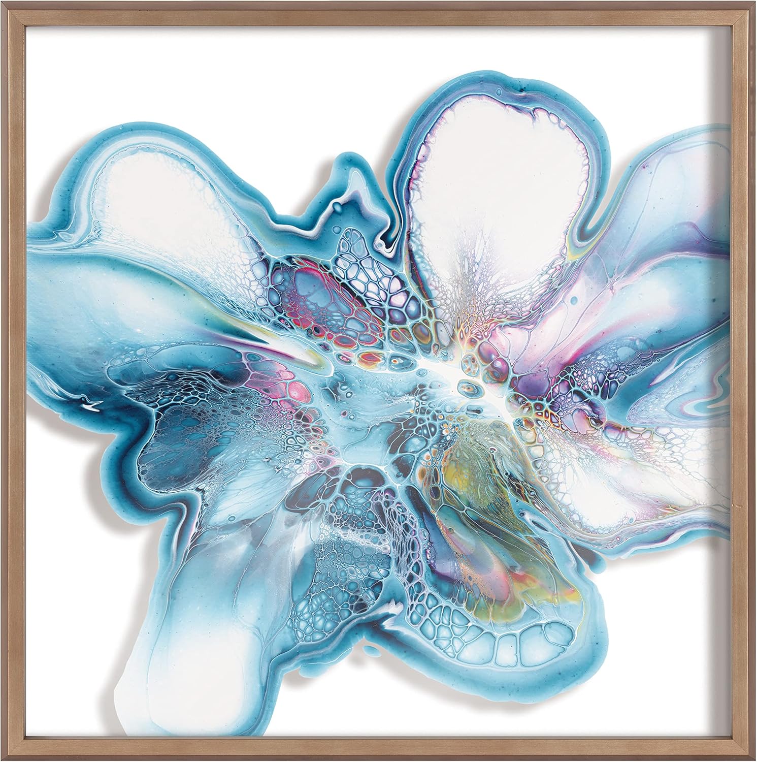 kate and laurel blake indigo blooms framed printed acrylic wall art by xizhou xie, 24x24 gold, modern abstract bright botanical flower art gold 24"l x 24"w