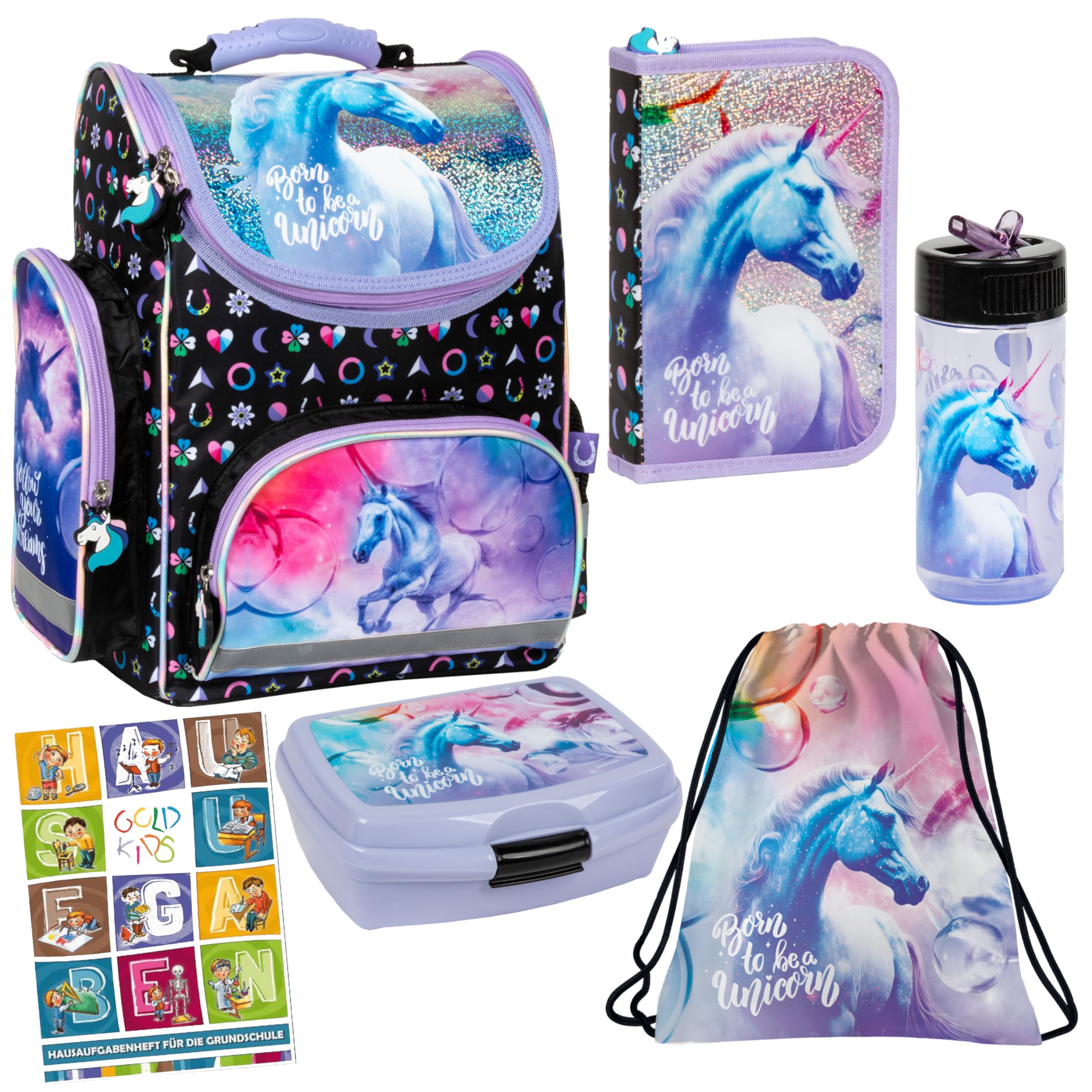 Goldkids - Mochila escolar para niños y niñas, juego de 6 - Mochila escolar para niños con bolsa de zapatos, estuche con equipamiento- cuaderno de tareas - Diseño de unicornio - 1-3 clase, Juego de 6,