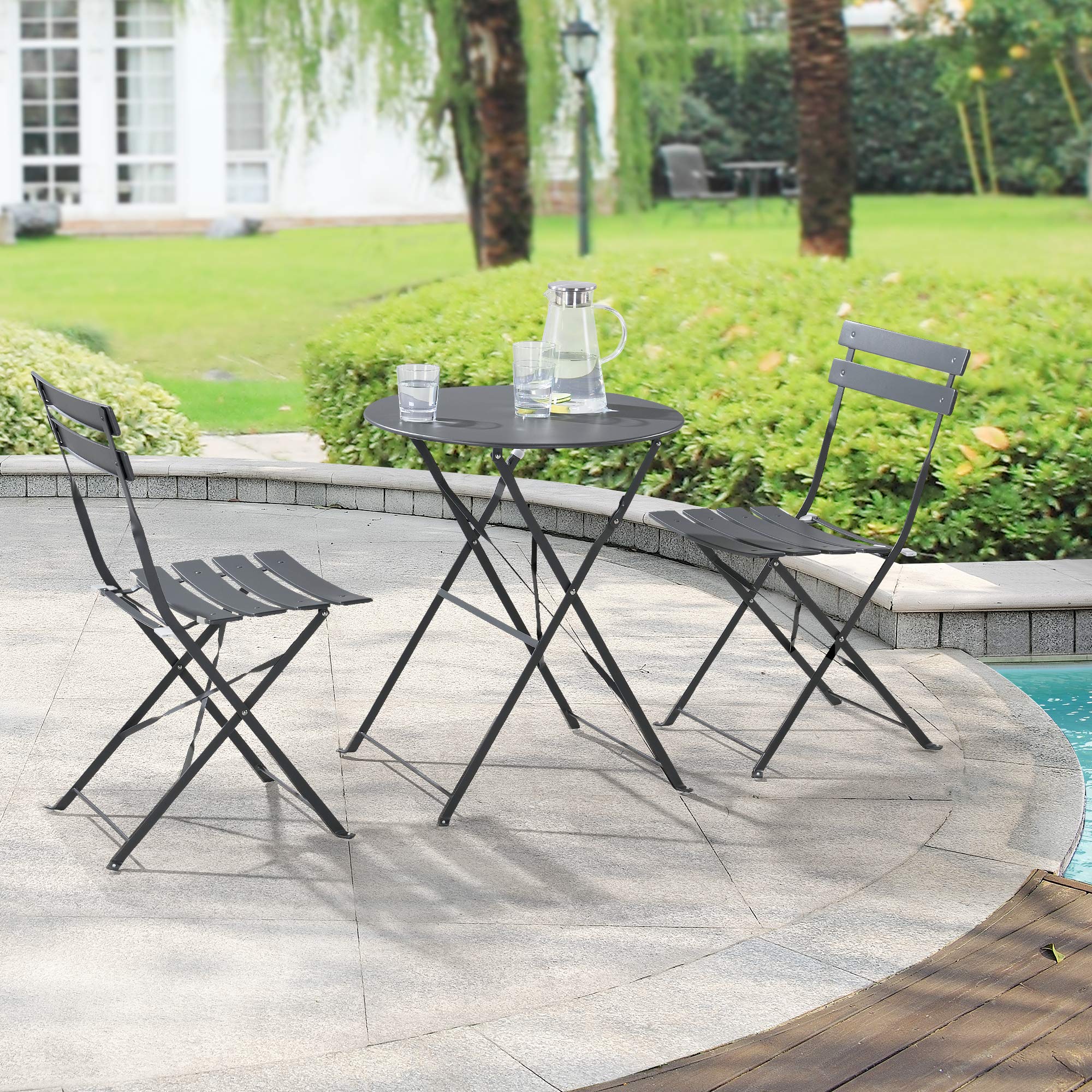 [en.casa] Set de Bistrot Meubles de Jardin Pliables Design Table Basse Ronde 2 Chaises pour Terrasse Balcon Set de Meuble d'Extérieur Patio Acier Gris Foncé