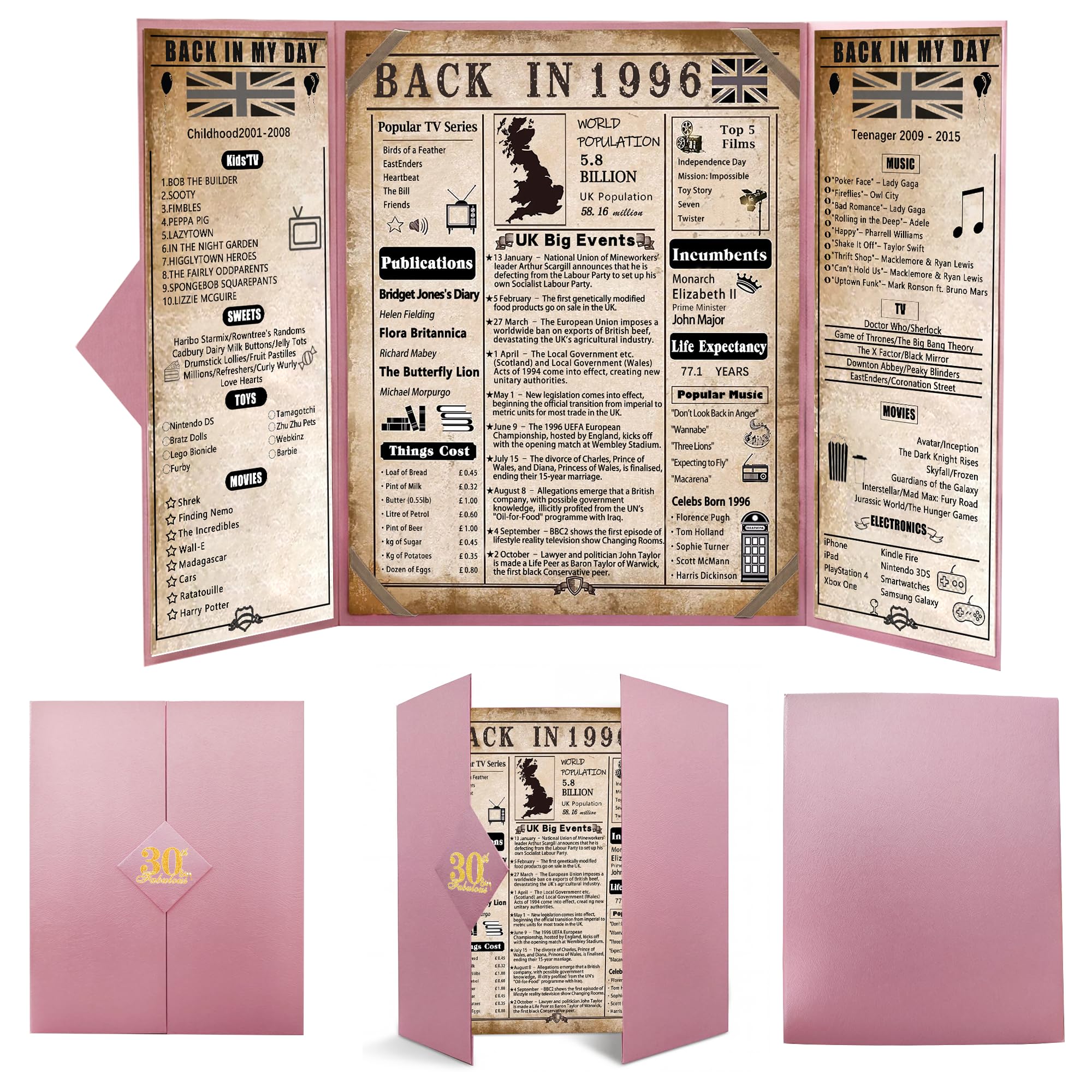 Back In Women's Pink1996 1996 30Th Birthday Gifts For - Large Trifold 30Th Birthday Card & Table Centrepiece - Pink 30 Year Birthday Decorations For Daughter Sister Friend - 1996 Poster No Frame Needed