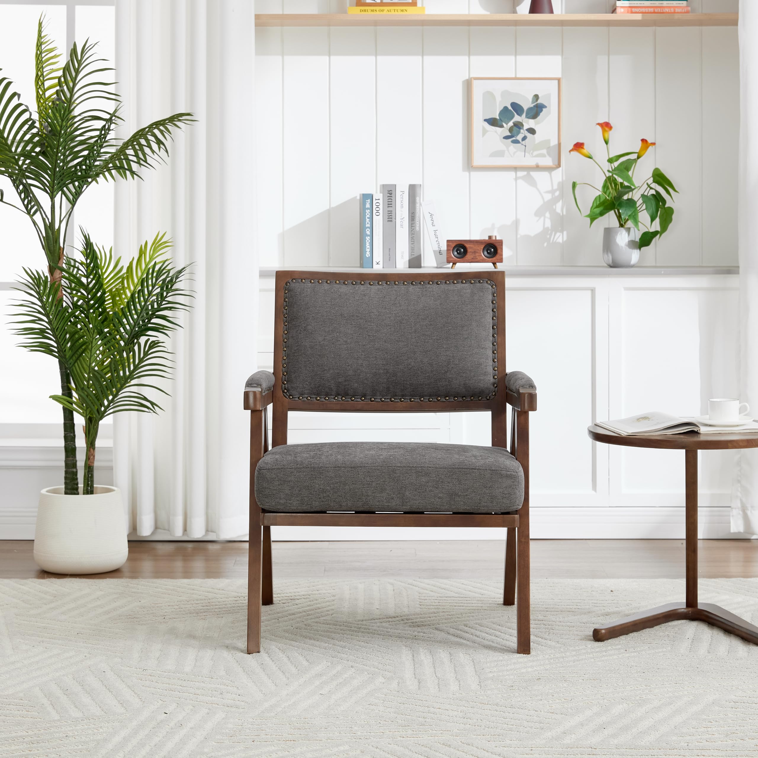 Lexiou Mid-Century - Sillón individual de tela con reposabrazos, marco de madera acolchado, para salón, dormitorio, estudio, oficina, decoración (gris)