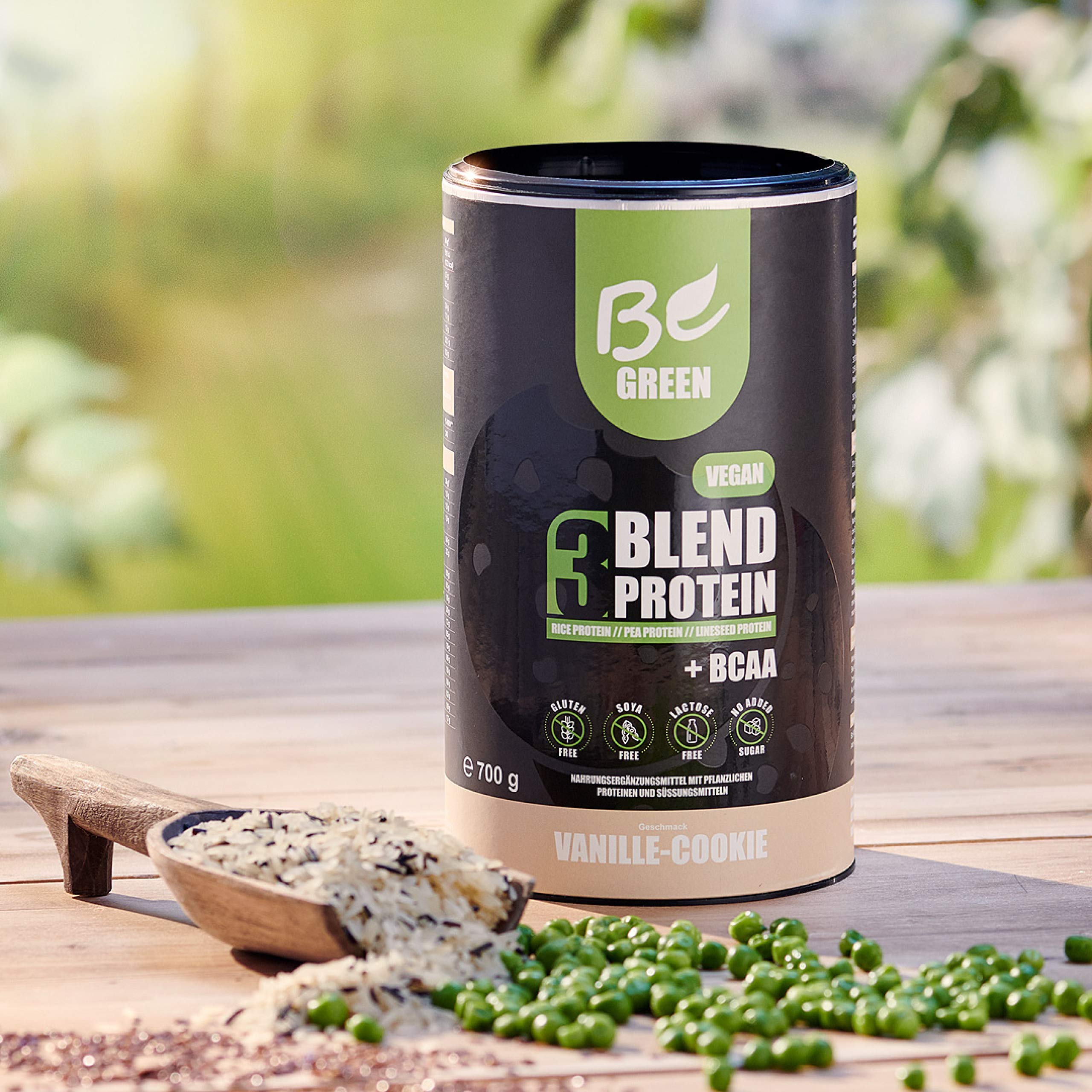 BeGreen 3Blend Vegan-Protein mit BCAA und B12, Vanille-Cookie, Pflanzliches Eiweisspulver aus Reis-Erbsen-Leinsamen-Protein, laktosefrei, glutenfrei ohne Zuckerzusatz, 700 g Pulver, super lecker