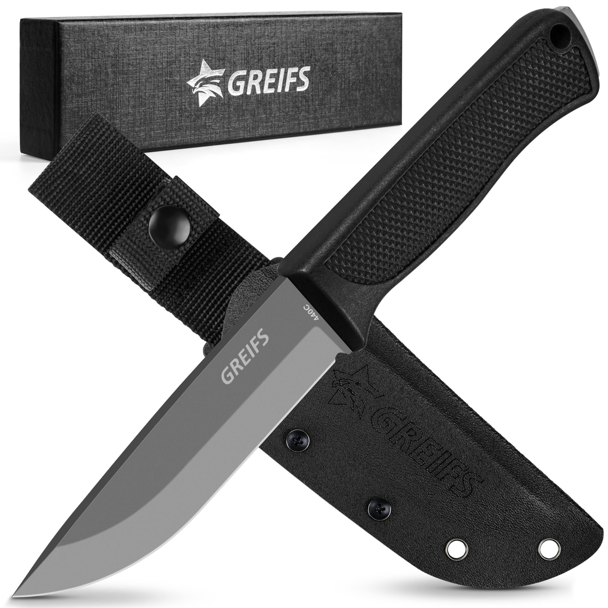 GREIFS® Outdoor-Messer G-Serie aus 440C Stahl mit Holster & Dangler, edles Survival Messer für die Bushcraft Ausrüstung, Jagdmesser, Schnitzmesser, Fahrtenmesser (G5/Schwarz)