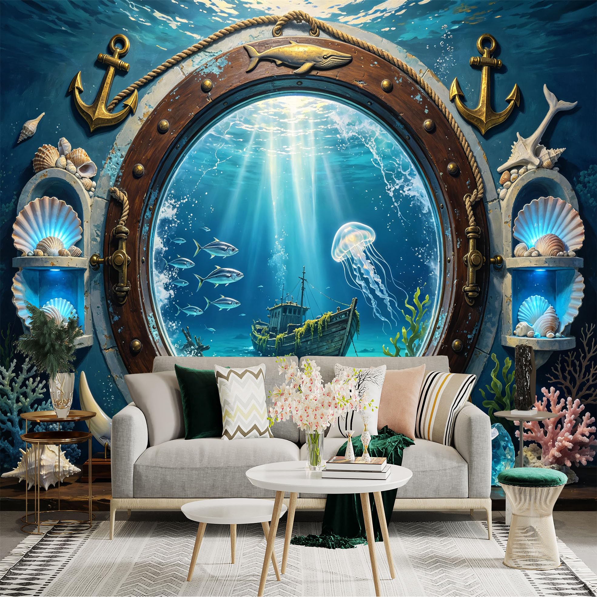 Custom Size Wall Sticker Mural， Underwater Shipwreck Ocean View with Jellyfish and Porthole， for wall Decoration， peelandstick wall Decals.