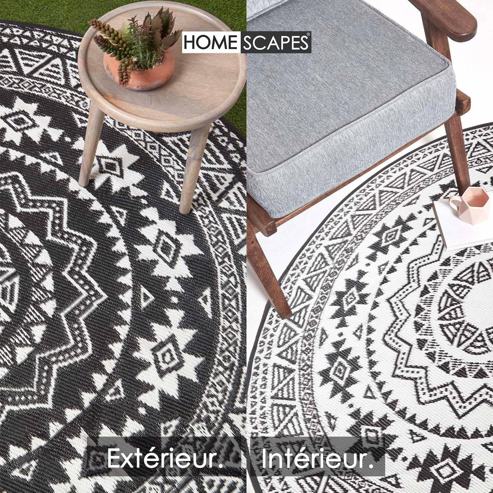 HOMESCAPES Tapis extérieur résistant Pluie et UV, Tapis de Jardin imperméable réversible Noir, Rond 180 cm, Intérieur extérieur terrasse Balcon