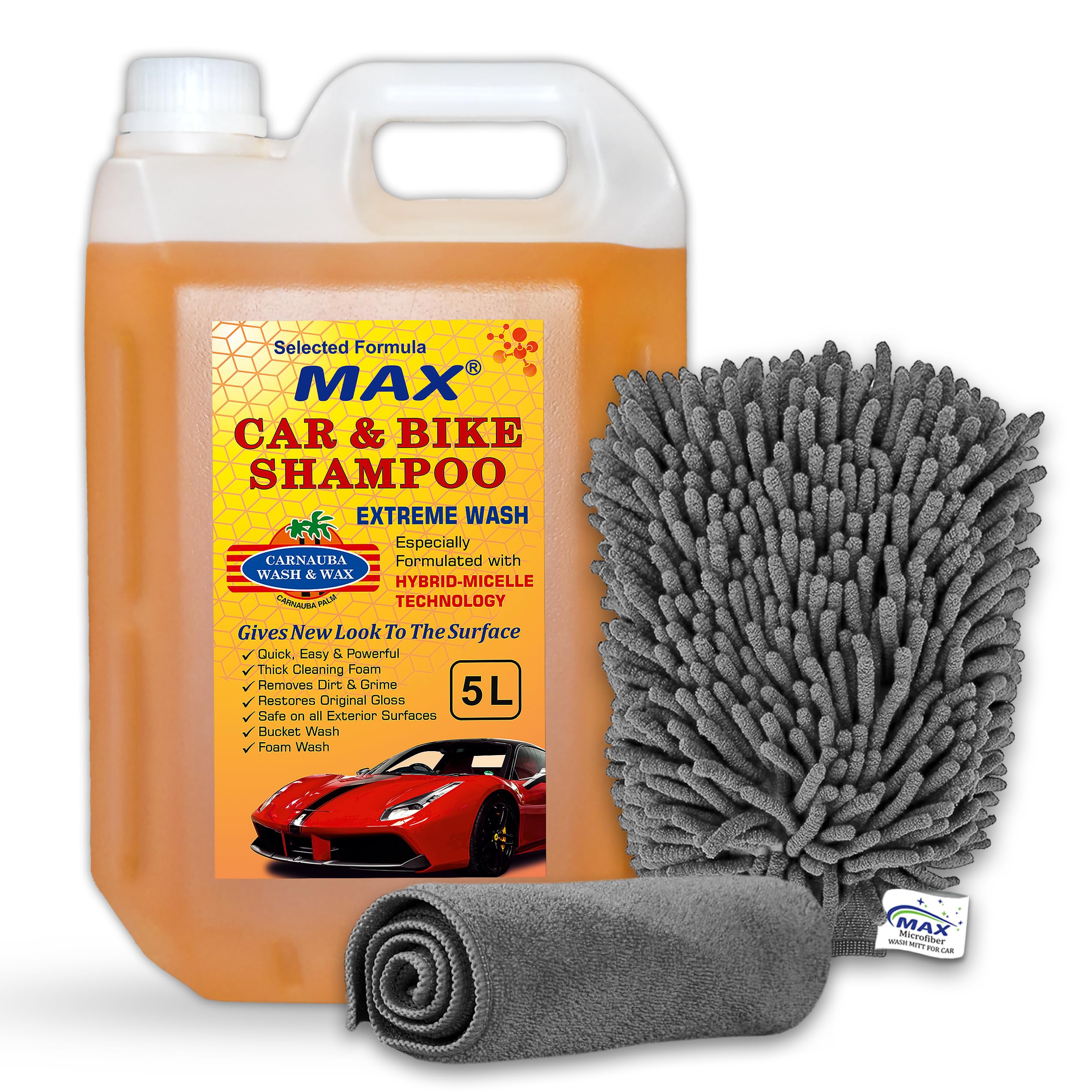 MAX Car Care Combo of 5 Ltr Car Shampoo and Bike Shampoo Extreme Wash, Microfiber Cloth 350 gsm and Microfiber Wash Mitt | Suits both Bucket Wash and Foam Wash